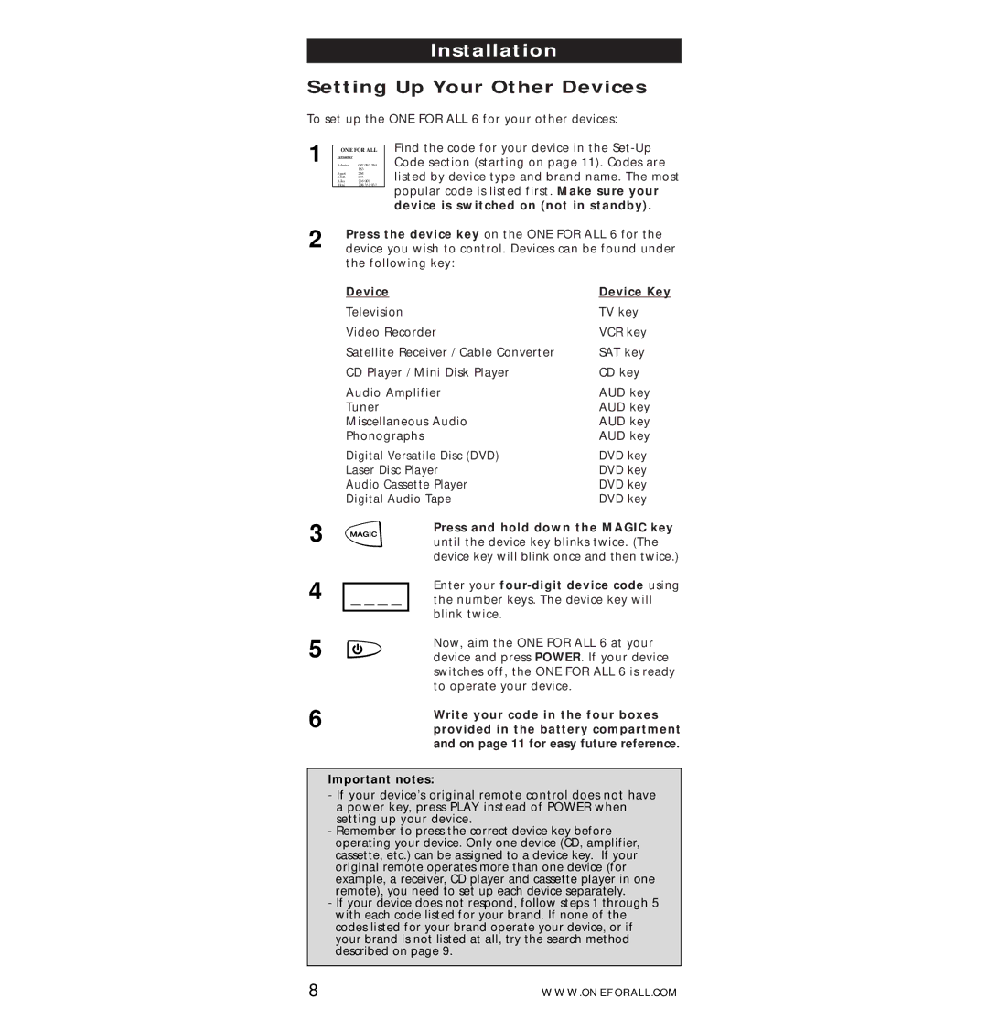 One for All URC-7560 manual Setting Up Your Other Devices, Device Device Key, Write your code in the four boxes 