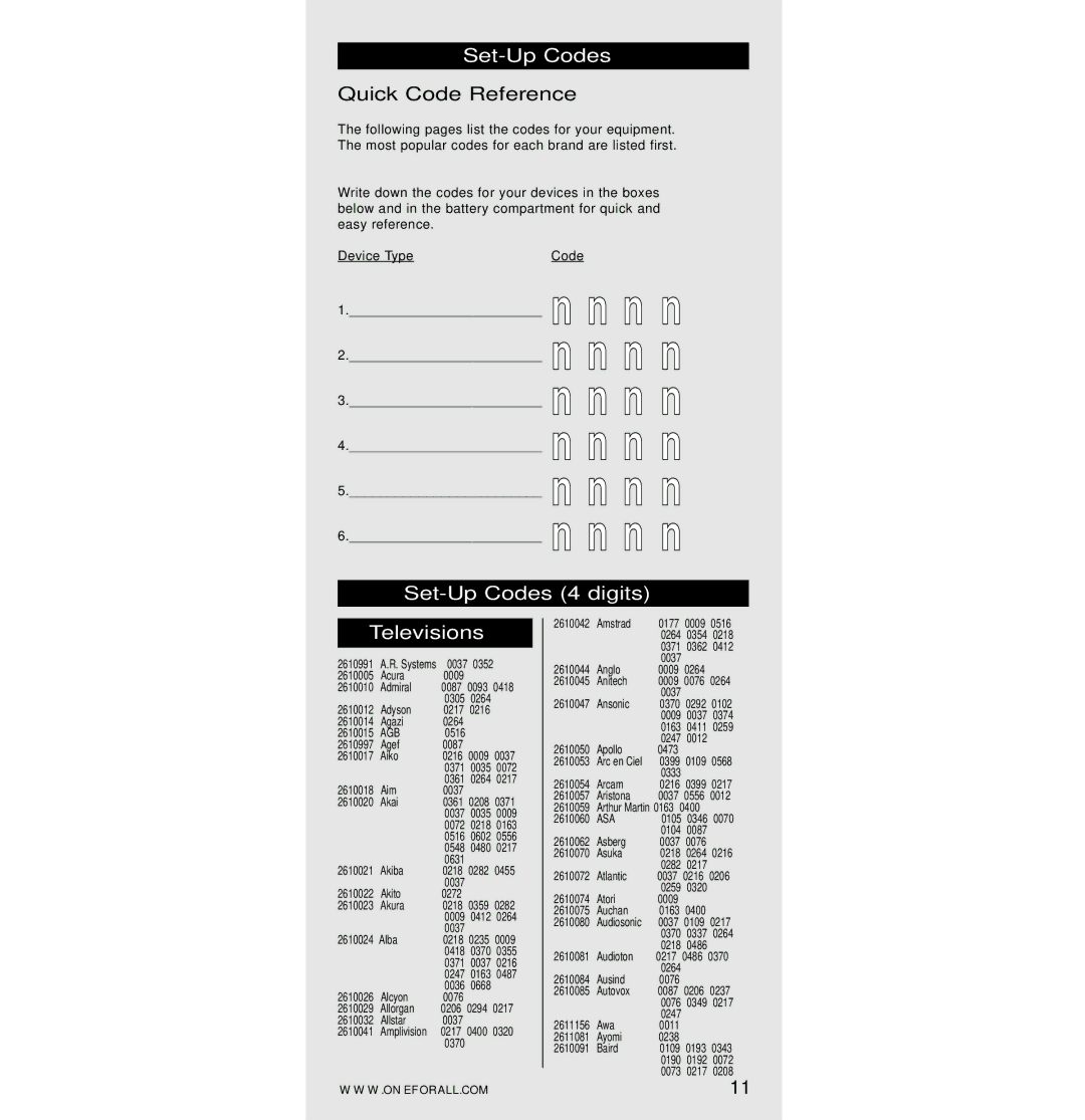 One for All URC-7560 manual Quick Code Reference, Set-Up Codes 4 digits Televisions, Agb, Asa 