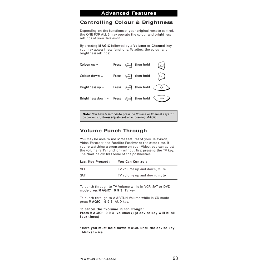 One for All URC-7560 manual Advanced Features, Controlling Colour & Brightness, Volume Punch Through, Vcr 
