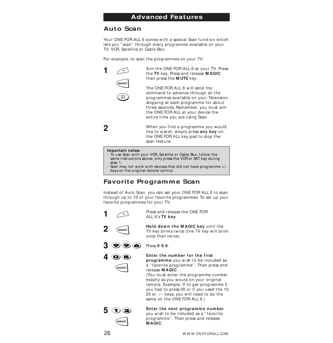 One for All URC-7560 manual Auto Scan, Favorite Programme Scan, Enter the next programme number 