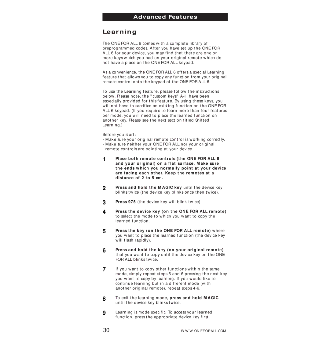One for All URC-7560 manual Learning, Press the device key on the ONE for ALL remote 