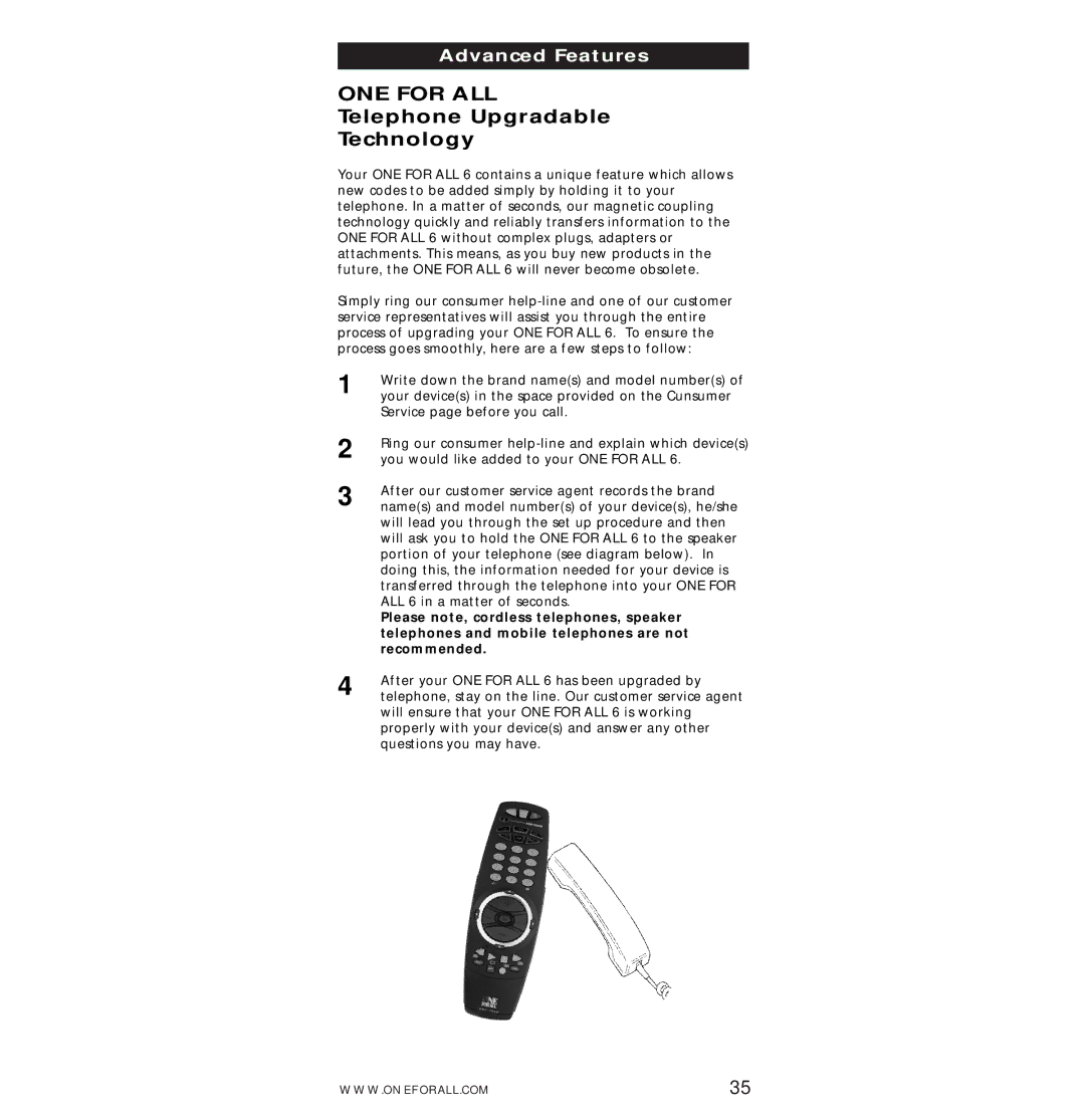 One for All URC-7560 manual ONE for ALL, Telephone Upgradable Technology 