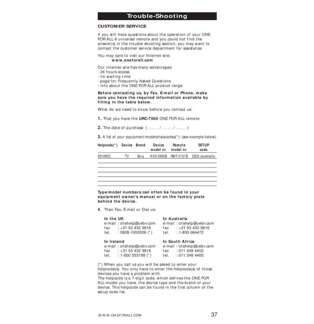 One for All URC-7560 manual Trouble-Shooting, Helpcode, 2610805, Australia, Ireland South Africa 