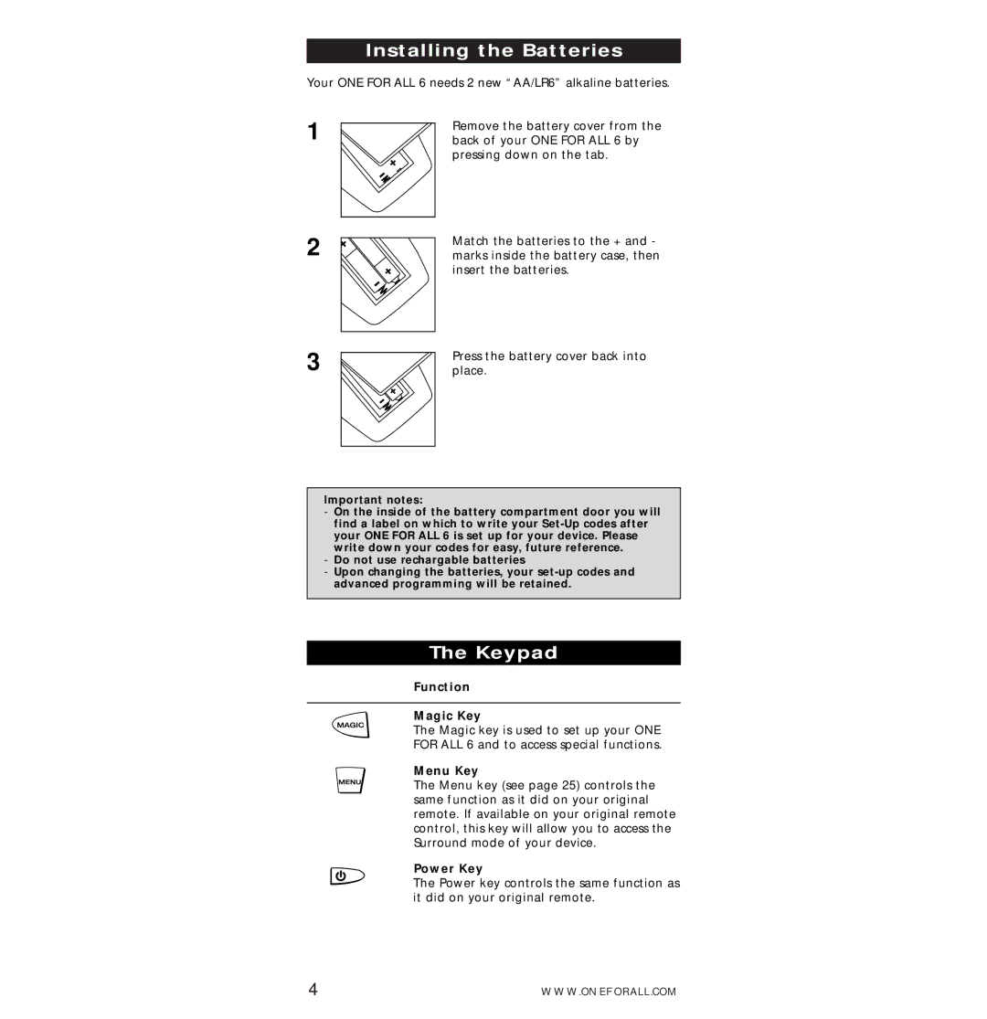 One for All URC-7560 manual Installing the Batteries, Keypad, Function Magic Key, Menu Key, Power Key 