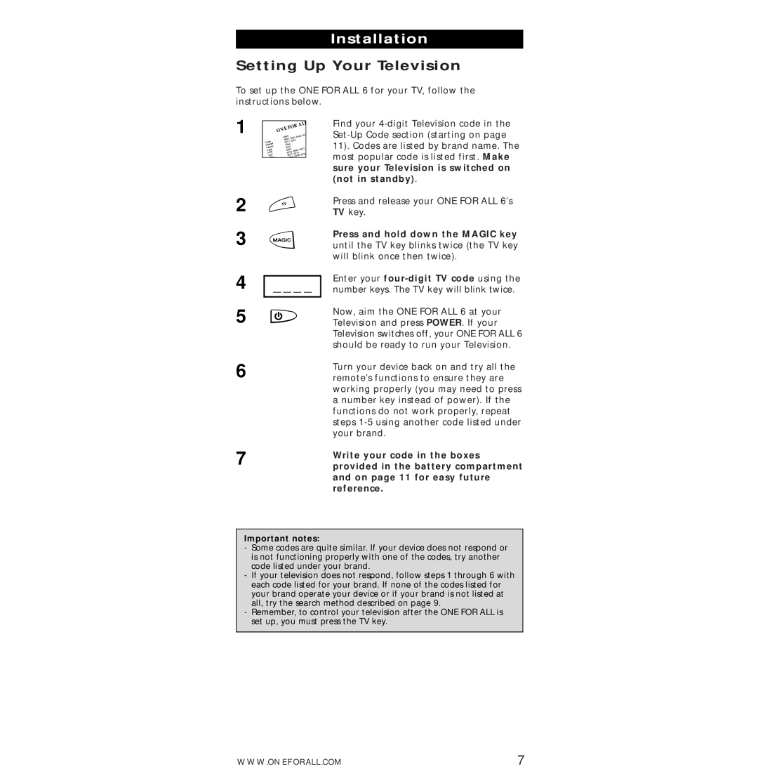 One for All URC-7560 manual Installation, Setting Up Your Television 