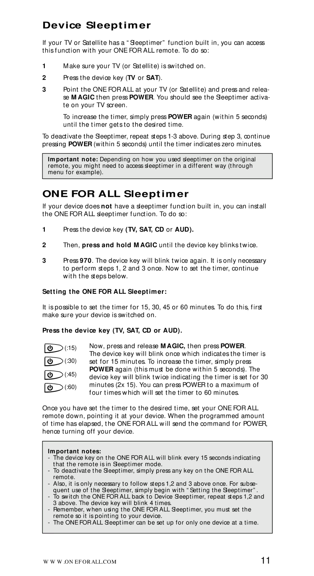 One for All URC-7562 Device Sleeptimer, Setting the ONE for ALL Sleeptimer, Press the device key TV, SAT, CD or AUD 