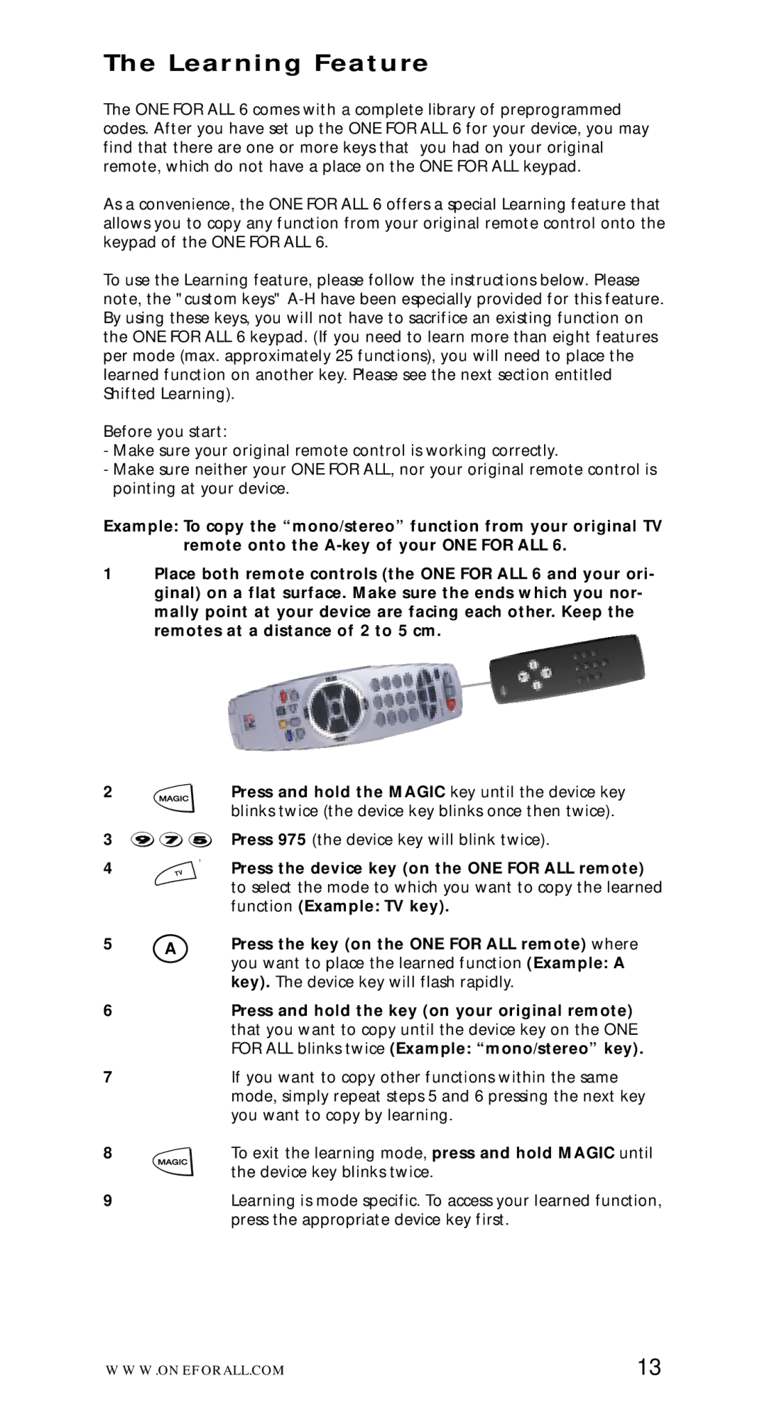 One for All URC-7562 manual Learning Feature 