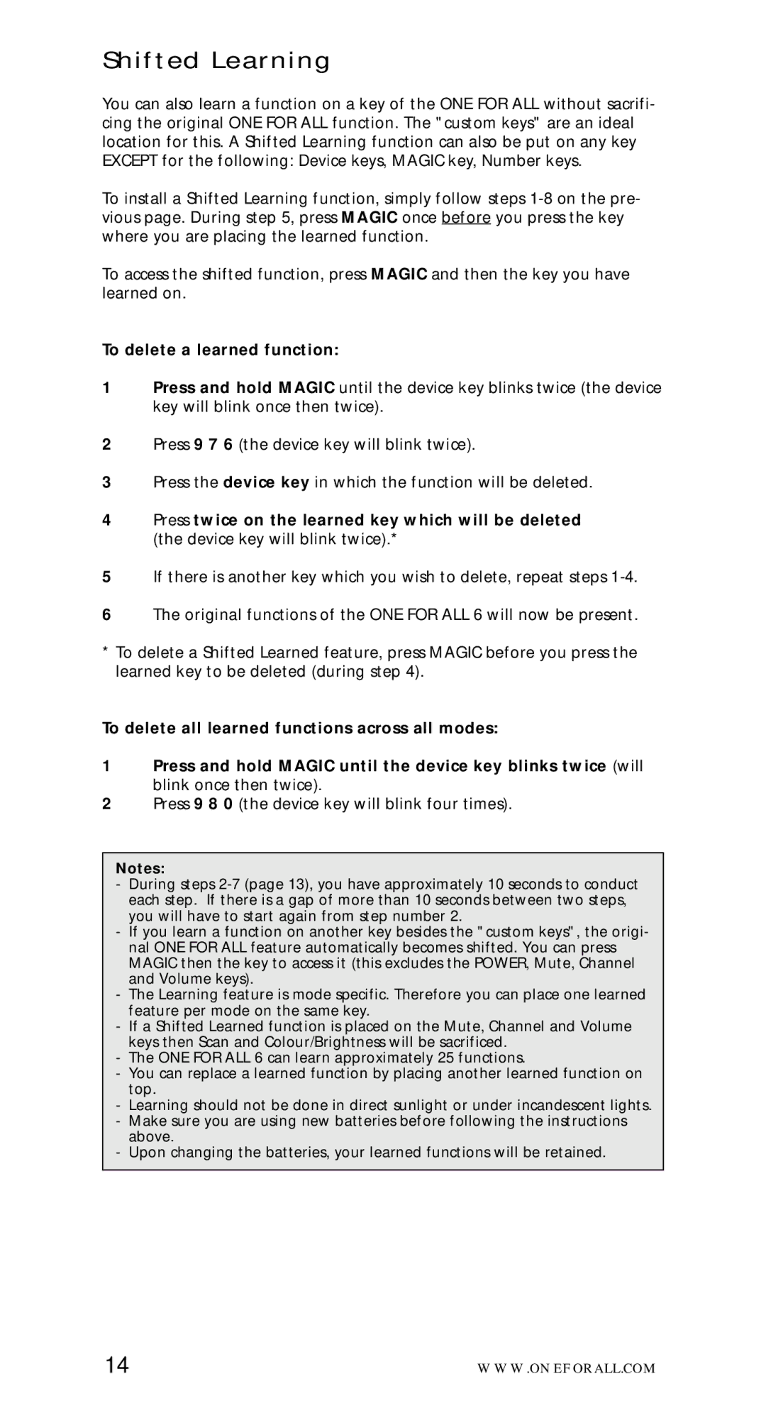 One for All URC-7562 manual Shifted Learning, To delete a learned function 