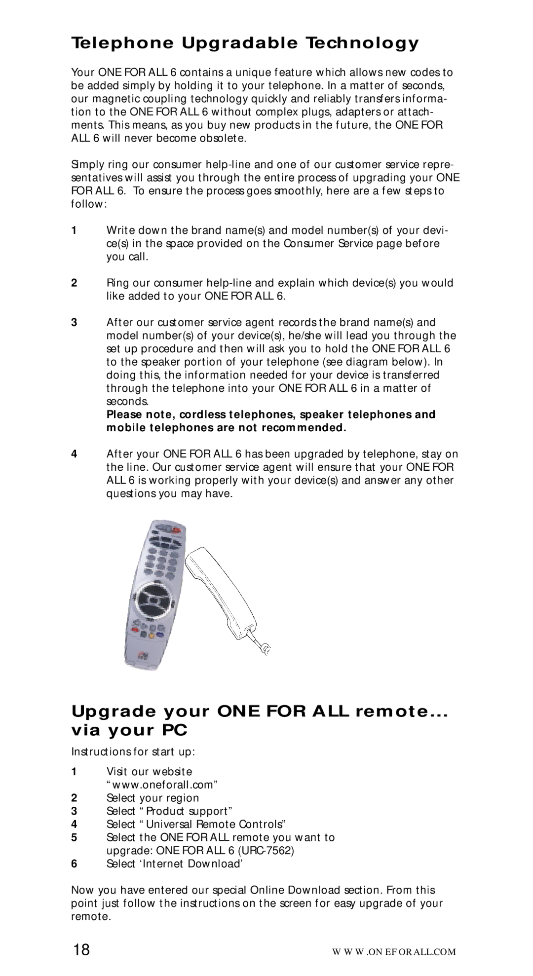 One for All URC-7562 manual Telephone Upgradable Technology, Upgrade your ONE for ALL remote… via your PC 