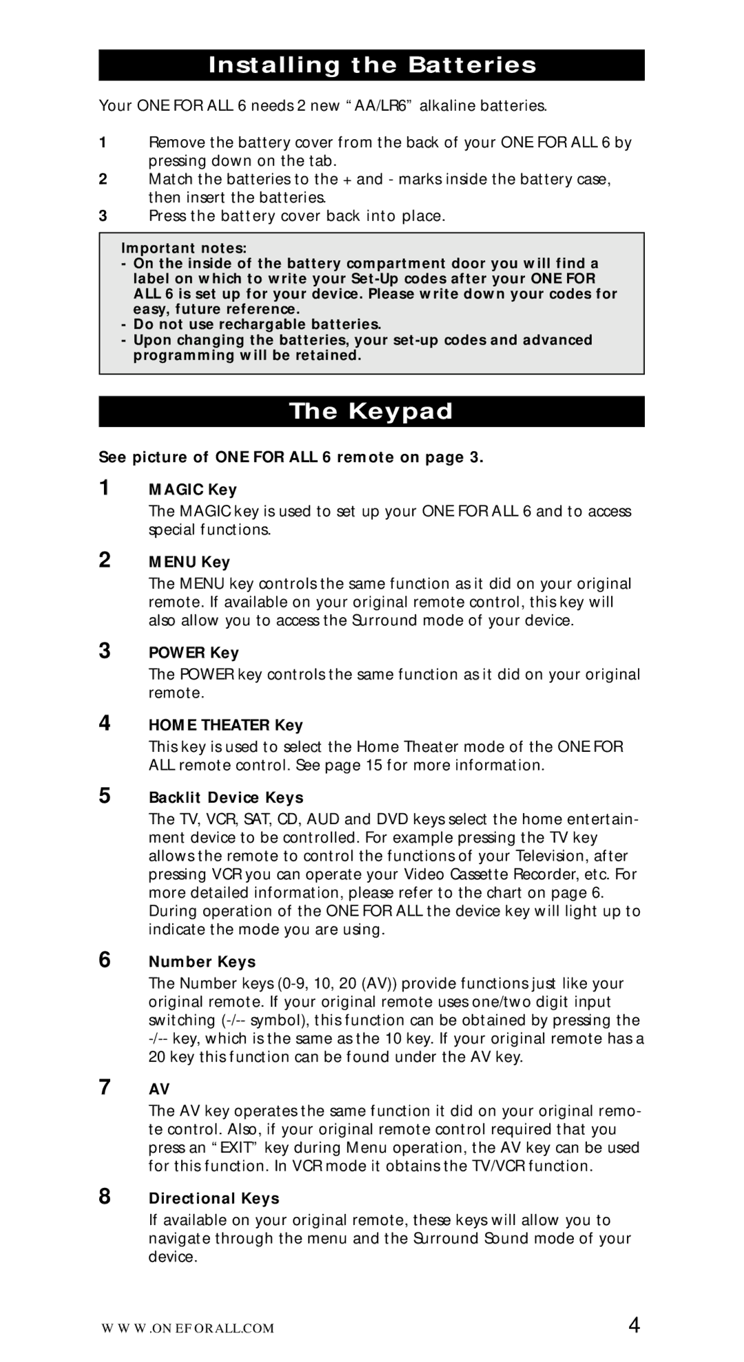 One for All URC-7562 manual Installing the Batteries, Keypad 