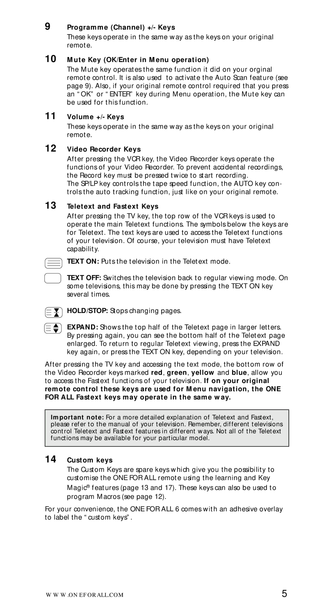 One for All URC-7562 Programme Channel +/- Keys, Mute Key OK/Enter in Menu operation, Volume +/- Keys, Video Recorder Keys 