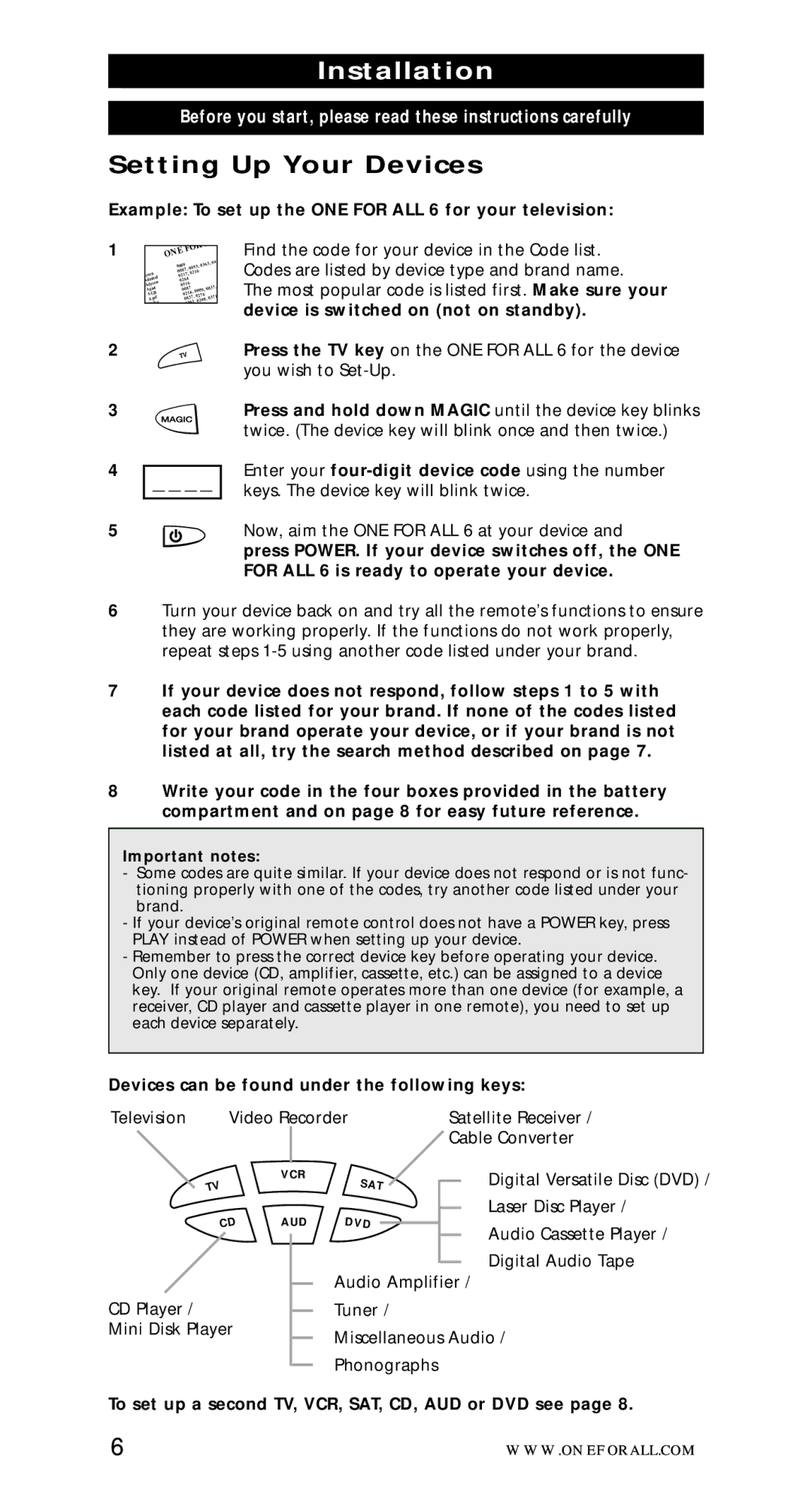 One for All URC-7562 manual Installation, Setting Up Your Devices, Example To set up the ONE for ALL 6 for your television 