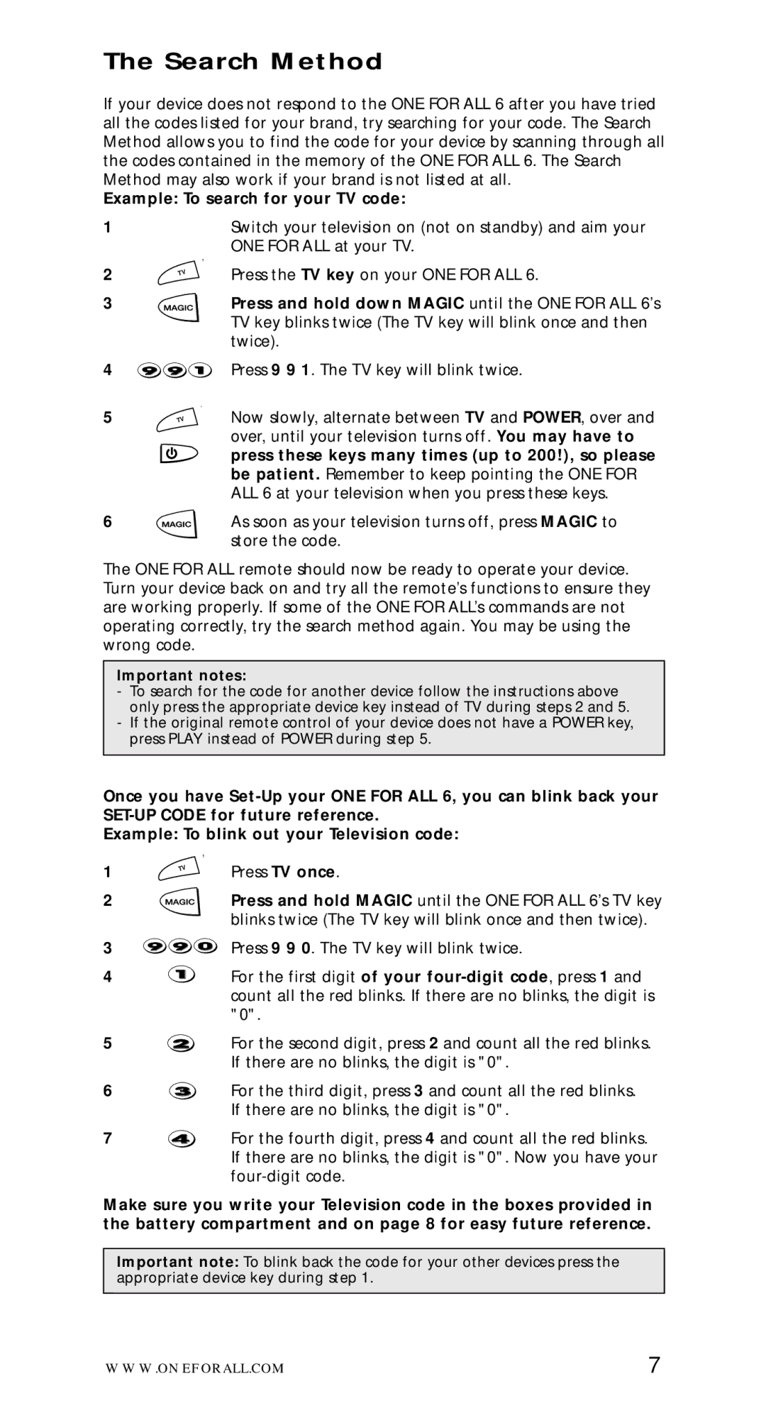 One for All URC-7562 manual Search Method, Example To search for your TV code 