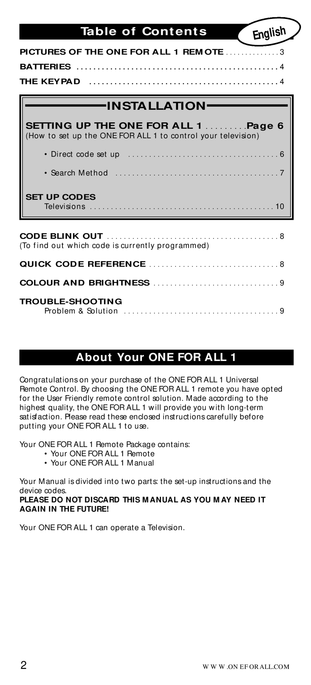 One for All URC-7710 manual Table of Contents, About Your ONE for ALL, Pictures of the ONE for ALL 1 Remote 