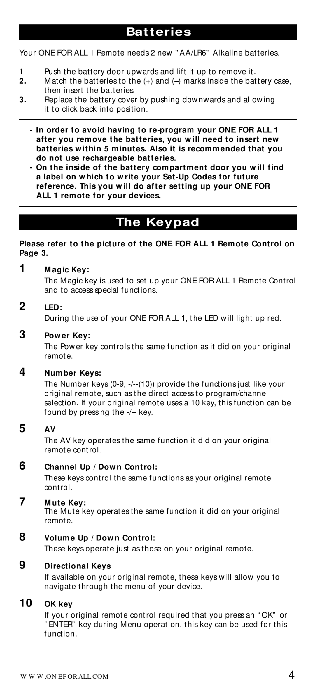 One for All URC-7710 manual Batteries, Keypad 