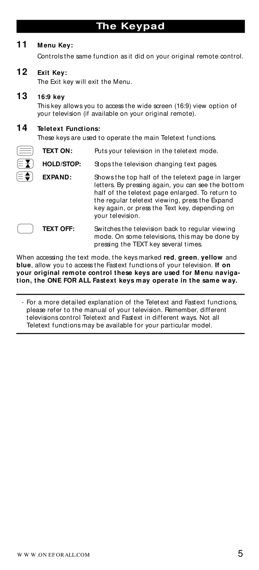 One for All URC-7710 manual Menu Key, Exit Key, 13 169 key, Teletext Functions 