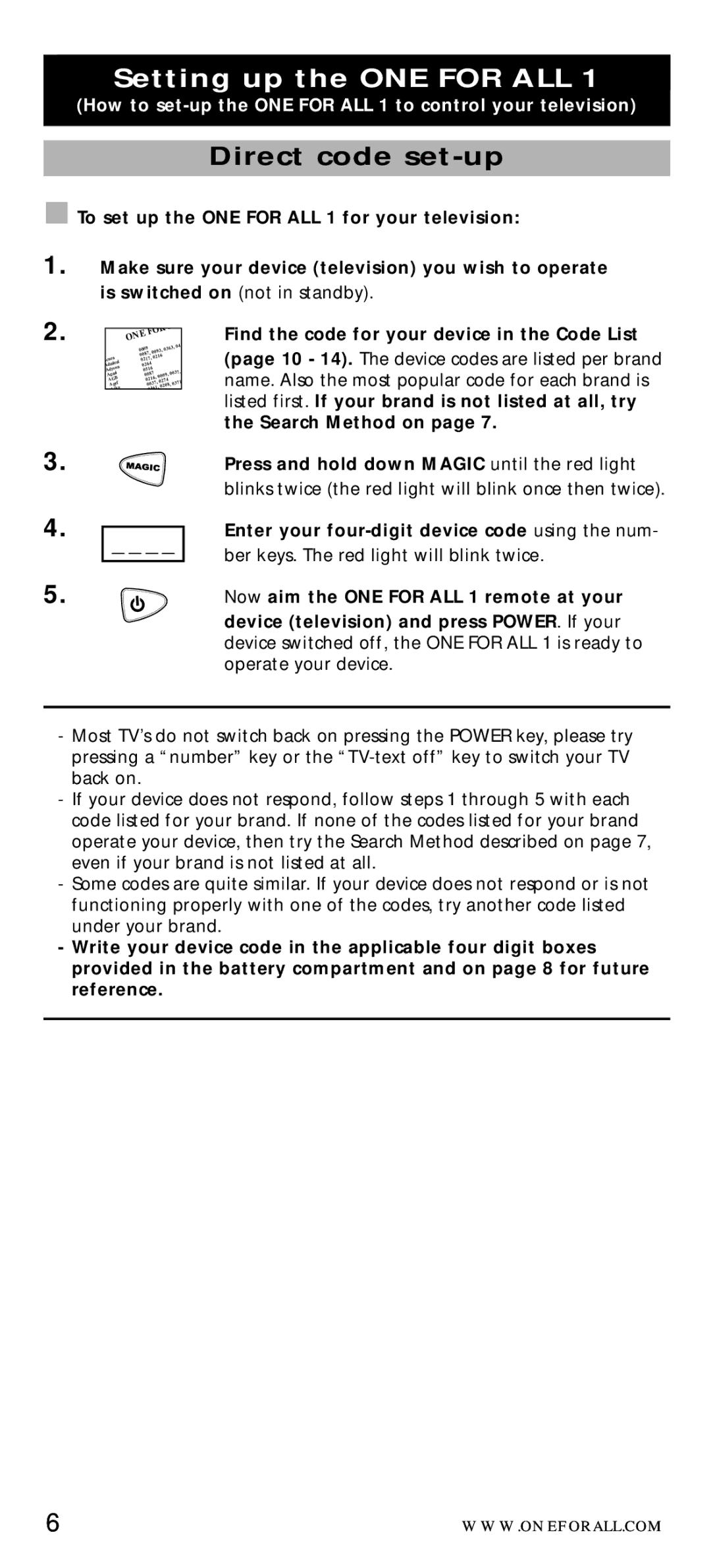 One for All URC-7710 manual Setting up the ONE for ALL, Direct code set-up 