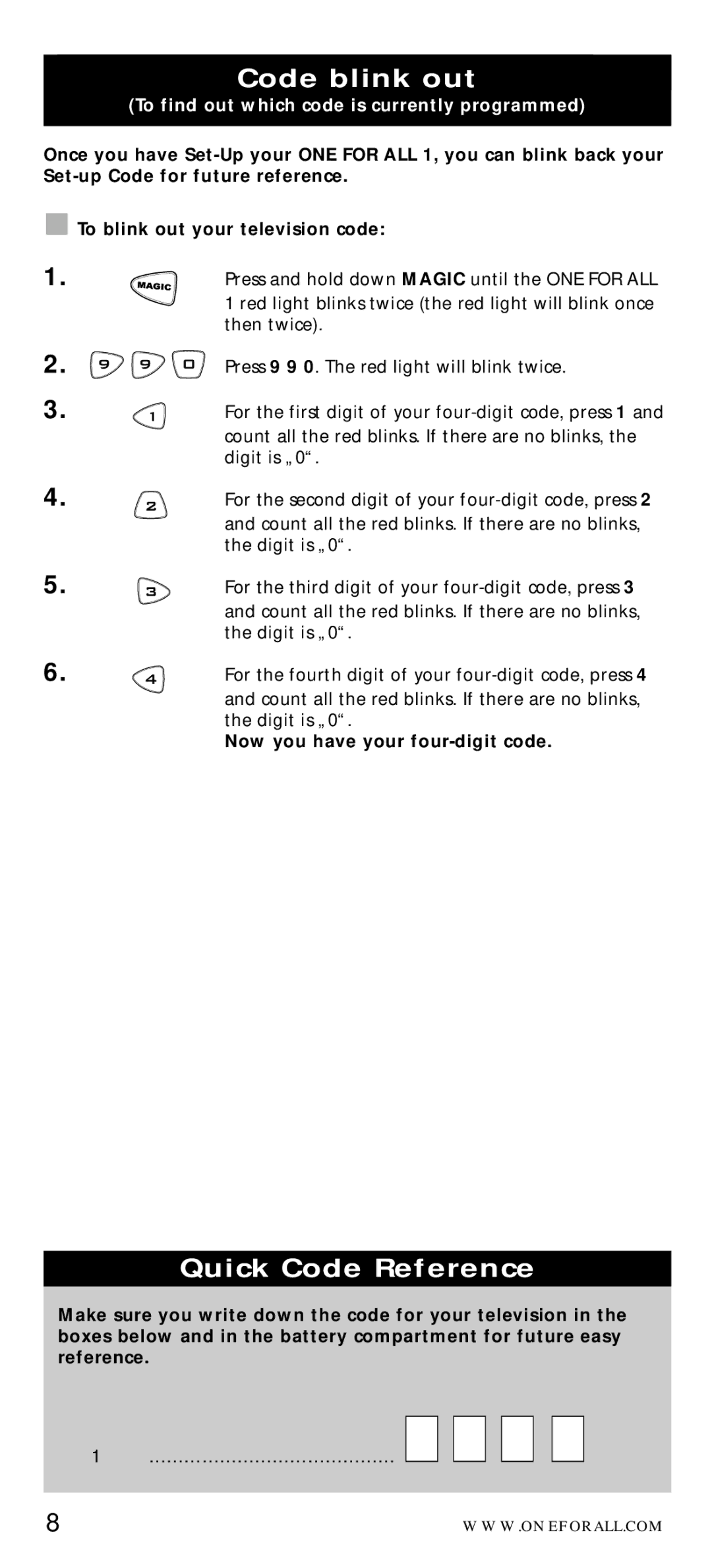 One for All URC-7710 manual Code blink out, Quick Code Reference, Now you have your four-digit code 