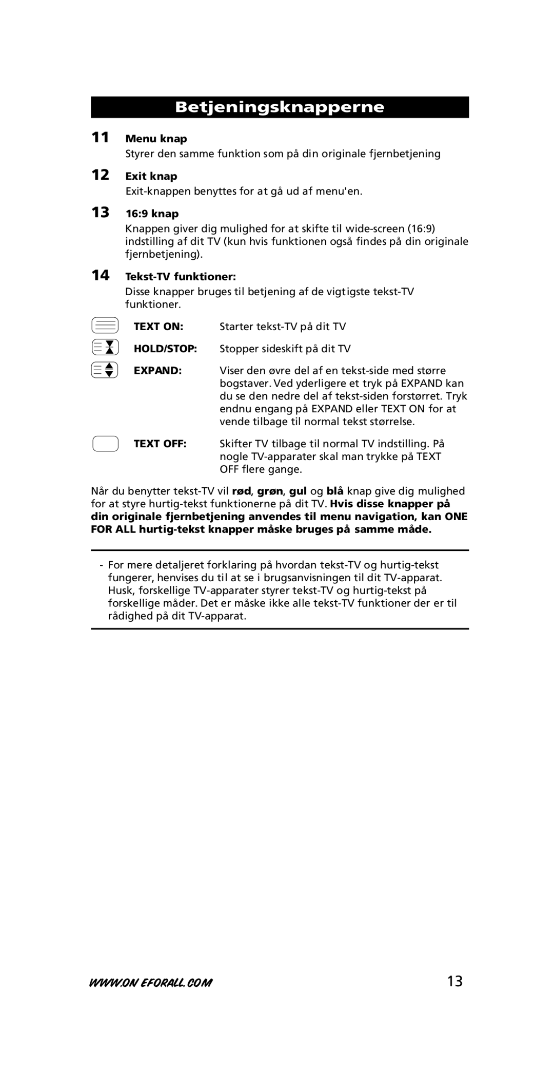 One for All URC-7711 instruction manual Menu knap, Exit knap, 13 169 knap, Tekst-TV funktioner 