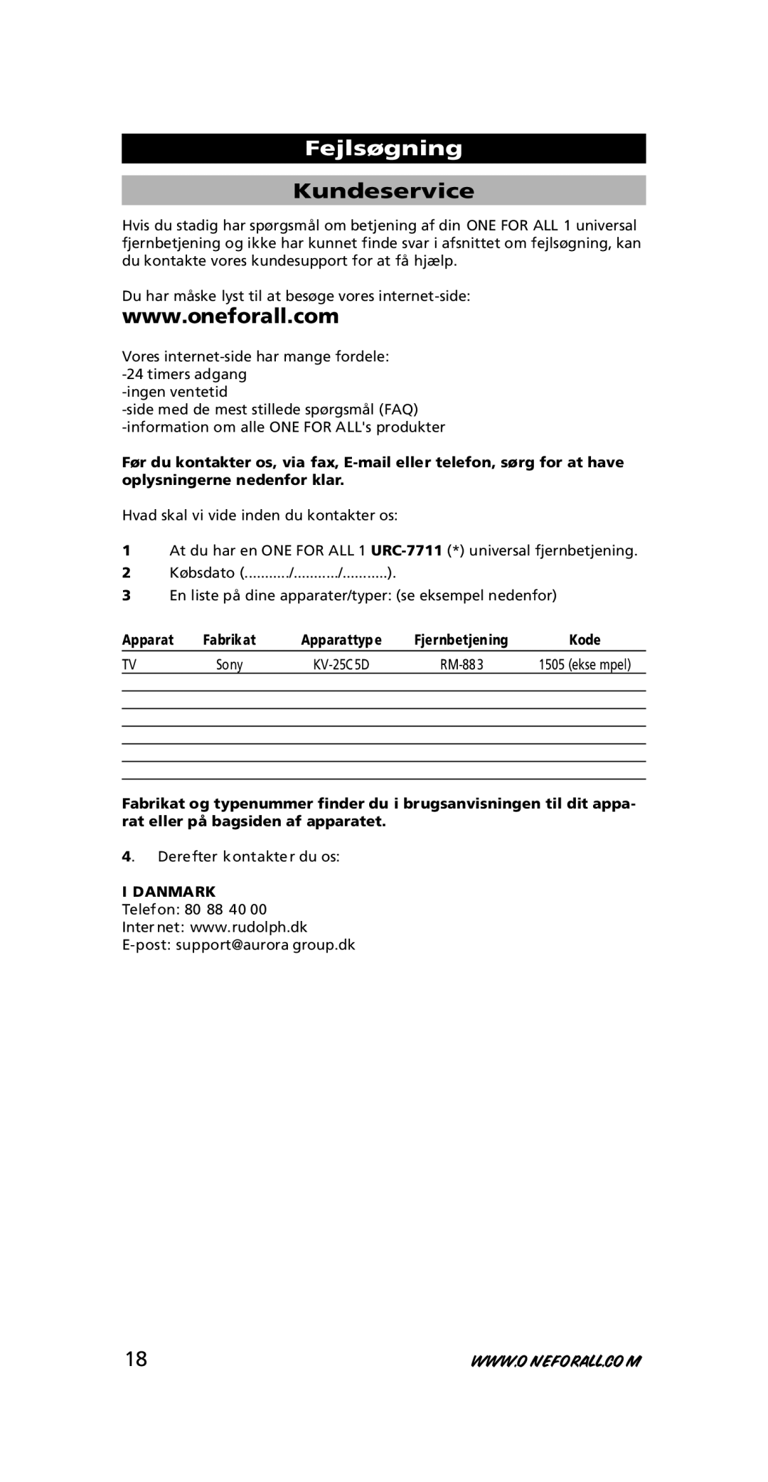 One for All URC-7711 instruction manual Kundeservice, Apparat 