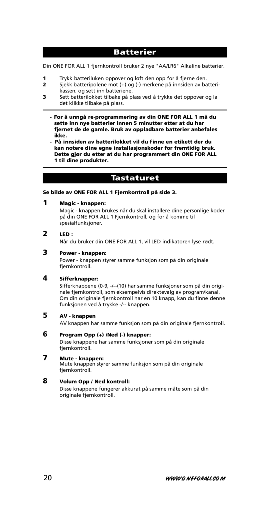 One for All URC-7711 instruction manual Tastaturet 