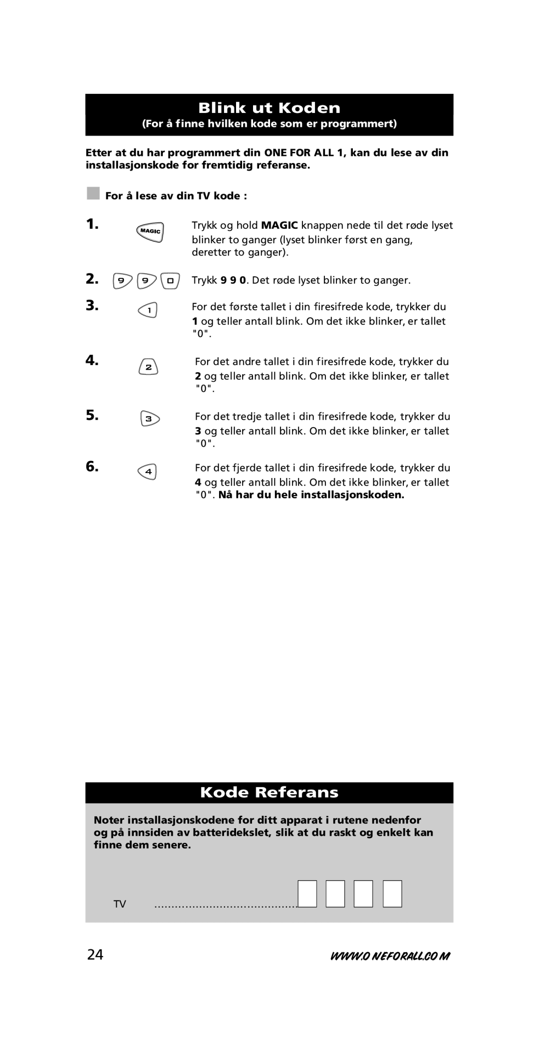 One for All URC-7711 instruction manual Blink ut Koden, Kode Referans, For å finne hvilken kode som er programmert 