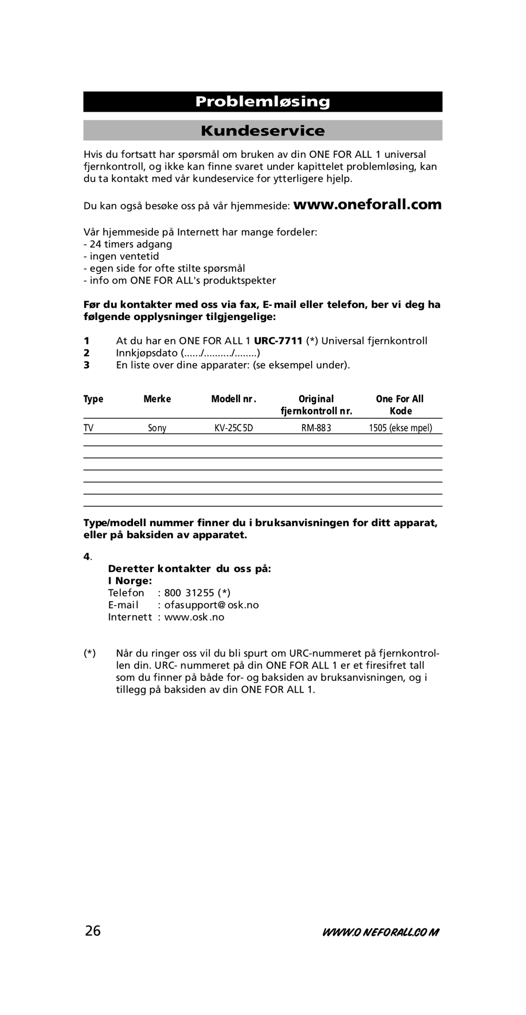 One for All URC-7711 instruction manual Kundeservice, Type 