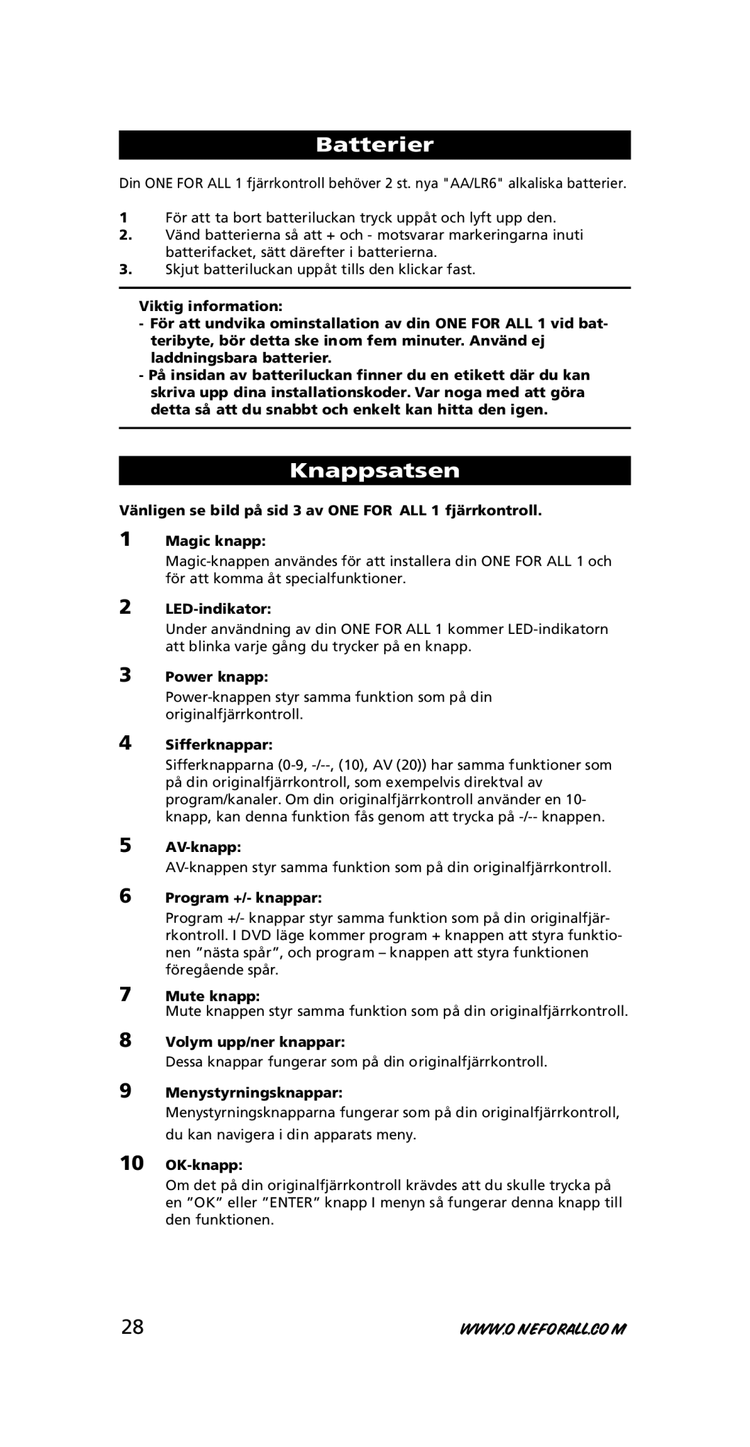 One for All URC-7711 instruction manual Knappsatsen 