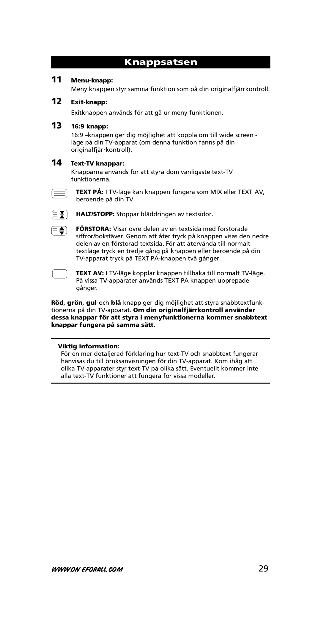 One for All URC-7711 instruction manual Menu-knapp, Exit-knapp, 13 169 knapp, Text-TV knappar 