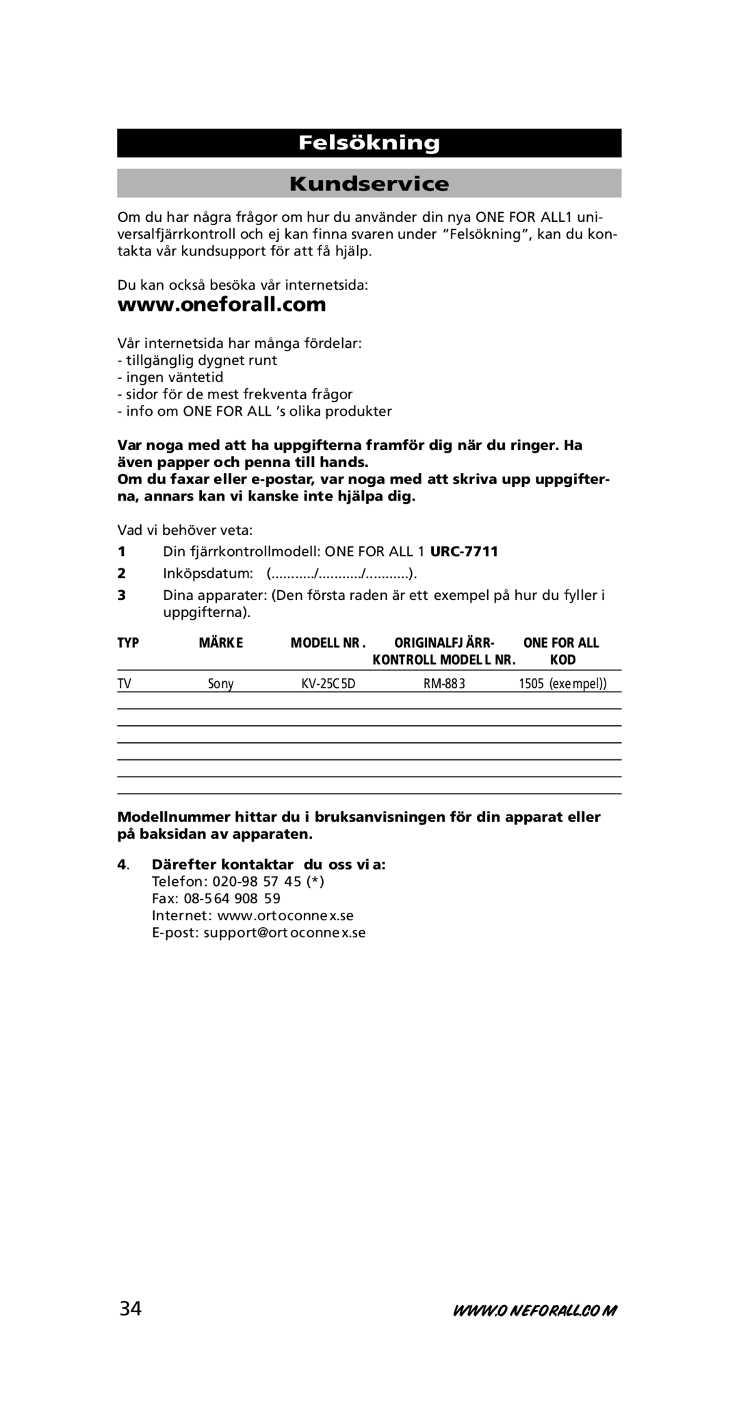 One for All URC-7711 instruction manual Kundservice, Typ 