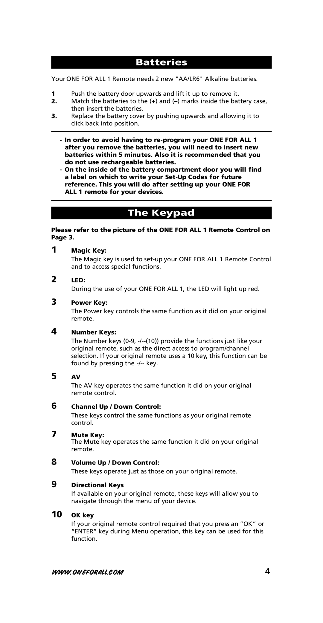 One for All URC-7711 instruction manual Batteries, Keypad, Led 