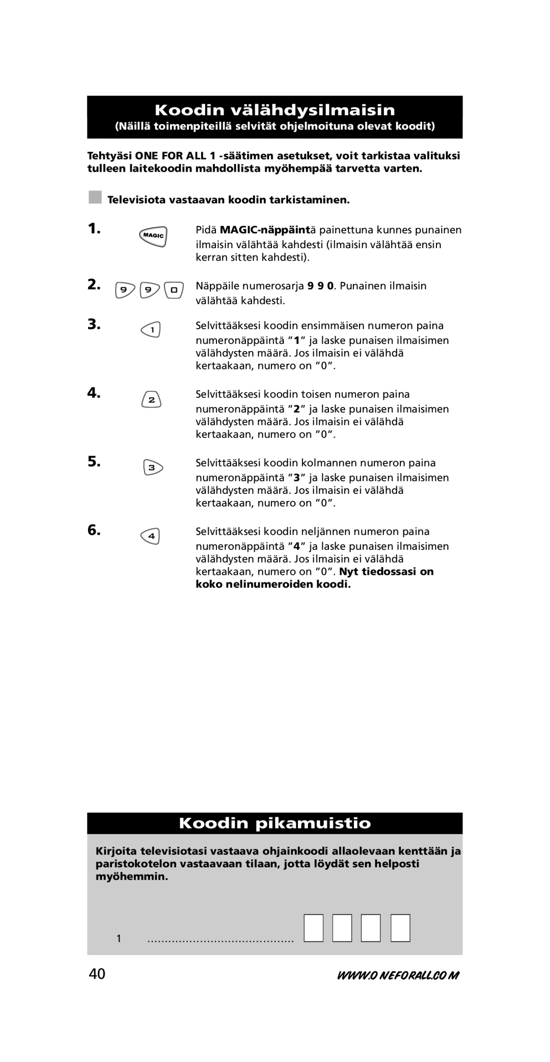 One for All URC-7711 instruction manual Koodin välähdysilmaisin, Koodin pikamuistio 