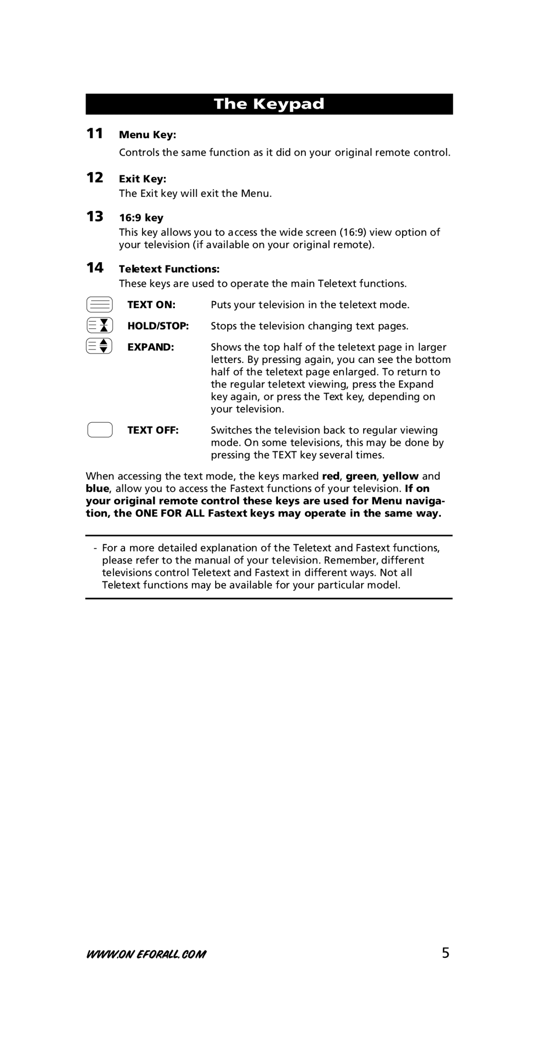 One for All URC-7711 instruction manual Menu Key, Exit Key, 13 169 key, Teletext Functions 