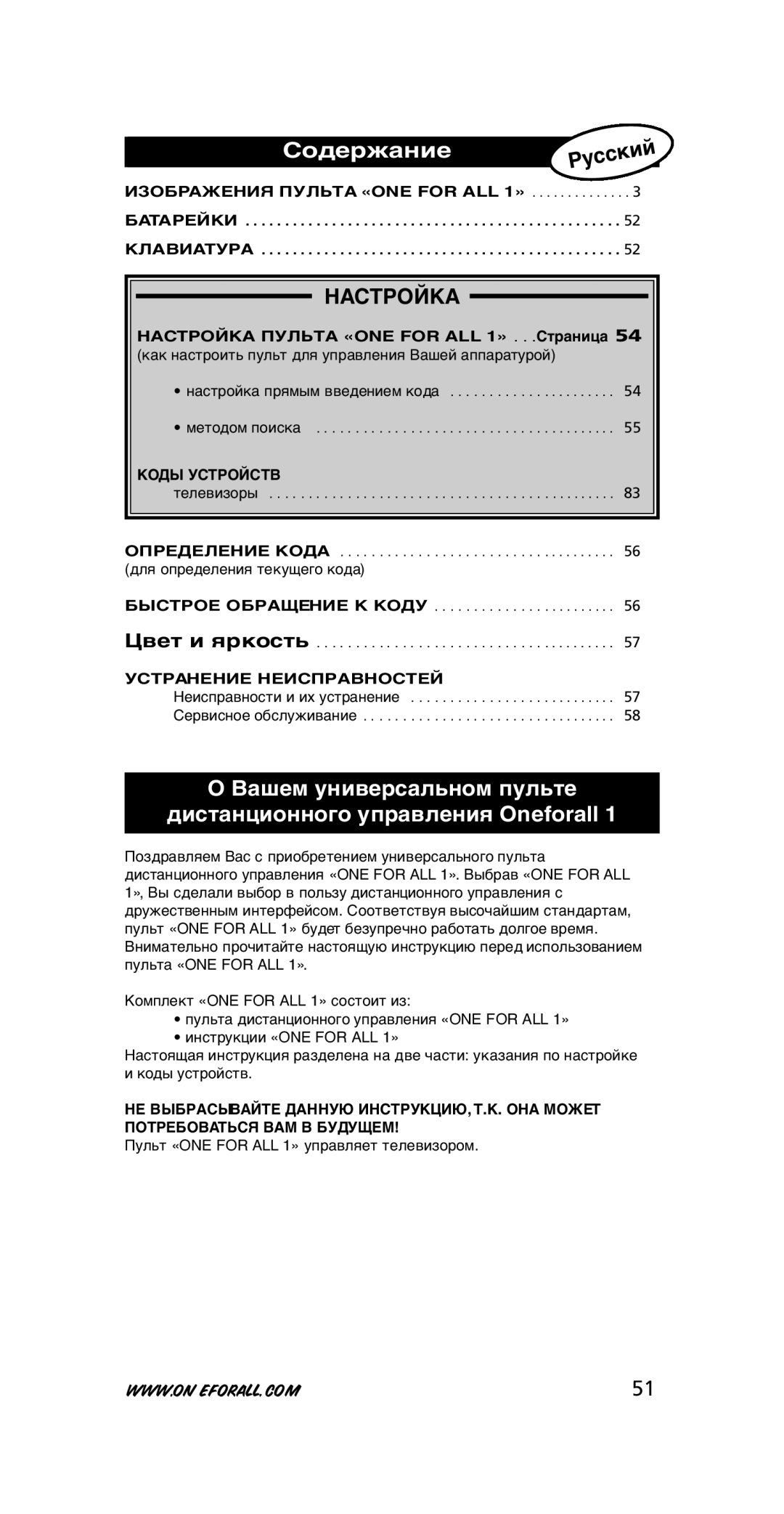 One for All URC-7711 instruction manual Содержание, Настройка, Изображения Пульта «ONE for ALL 1», Коды Устройств 