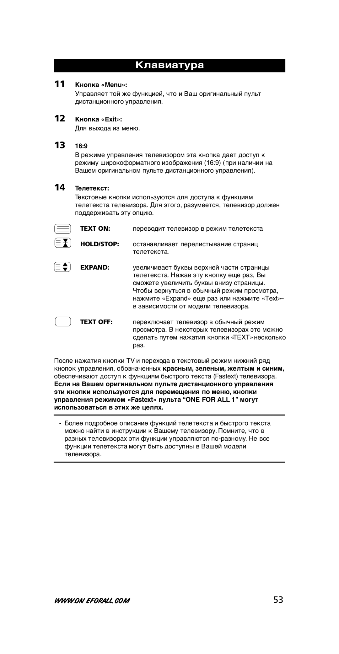 One for All URC-7711 instruction manual Кнопка «Мenu», Кнопка «Exit», 169, 14 Телетекст 