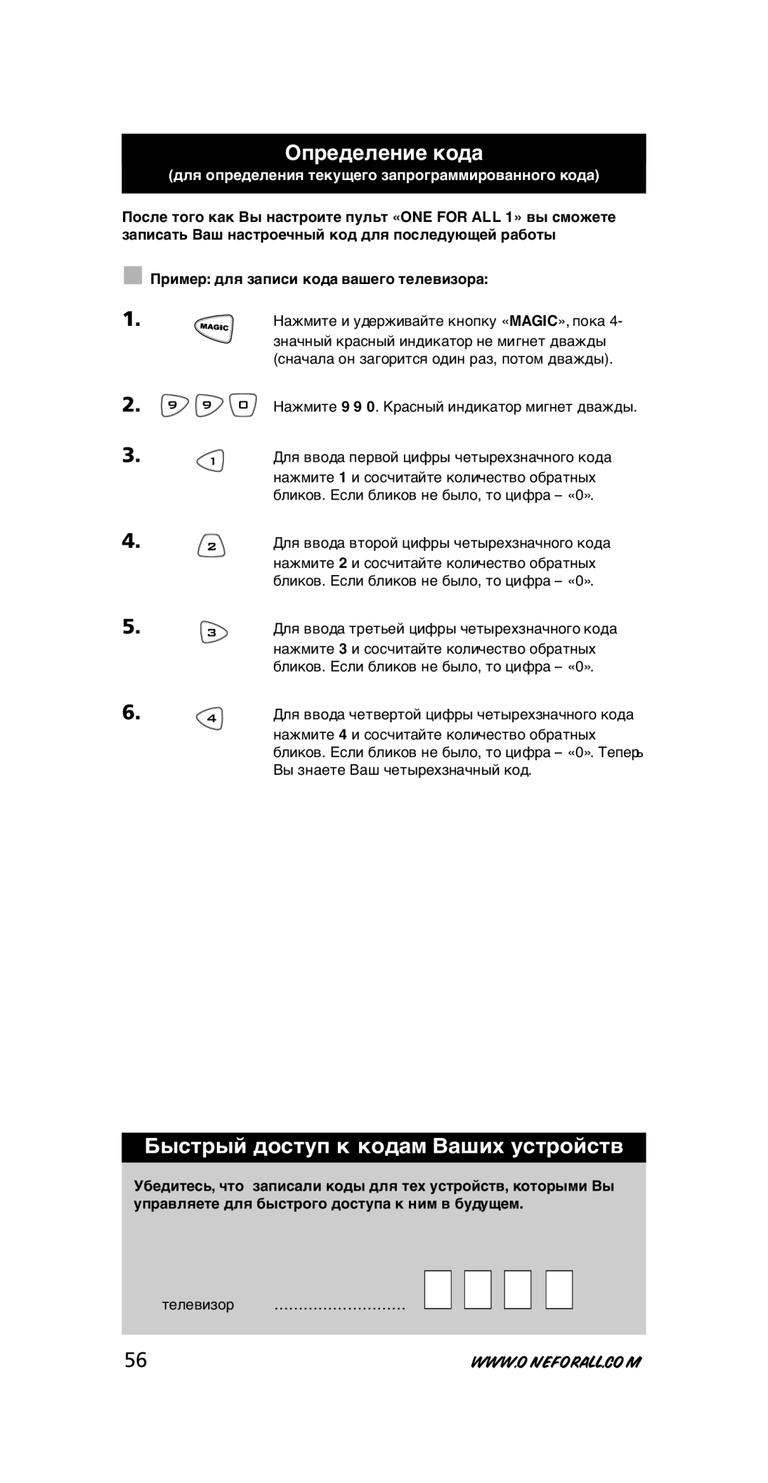 One for All URC-7711 instruction manual Определение кода, Быстрый доступ к кодам Ваших устройств 