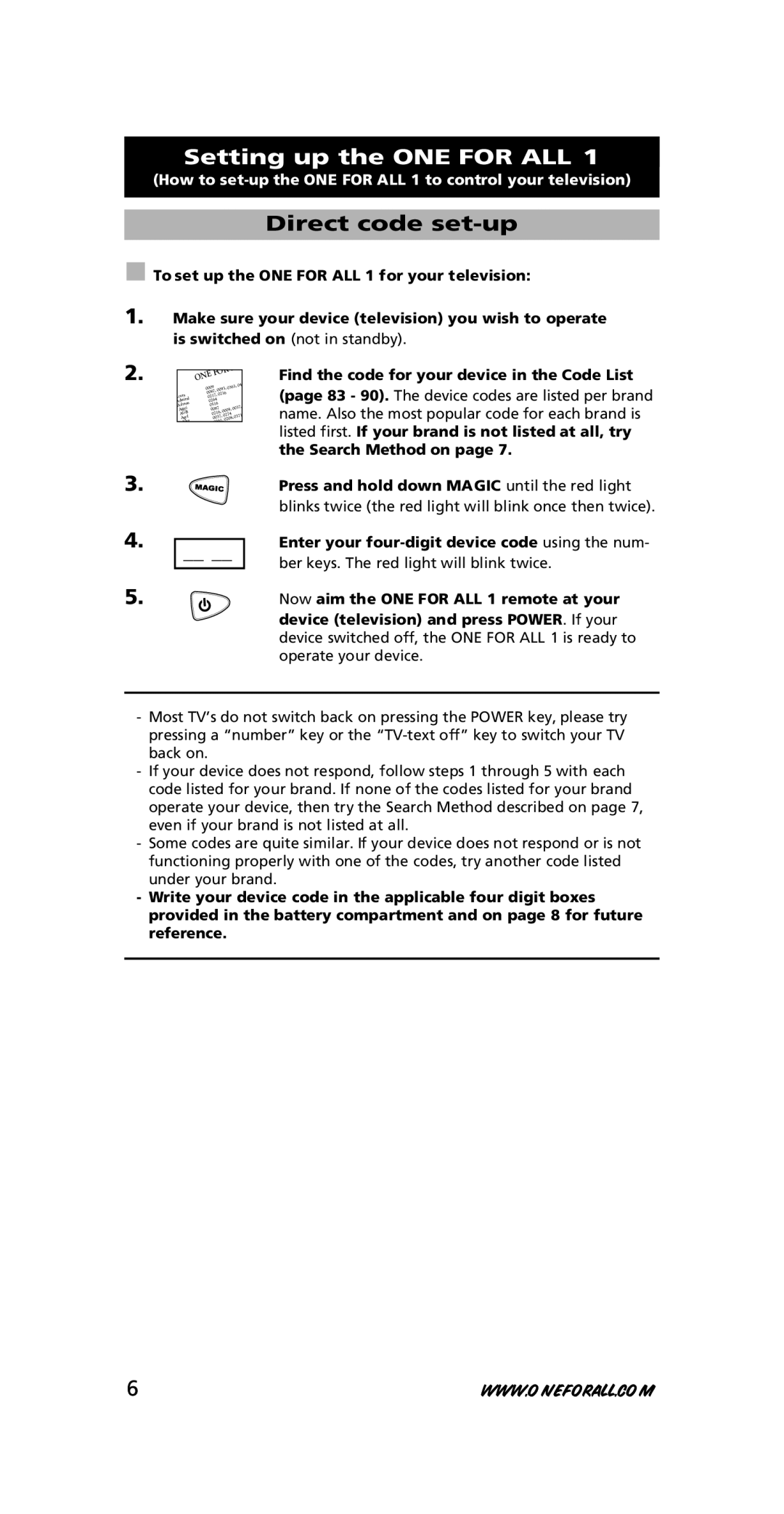 One for All URC-7711 instruction manual Setting up the ONE for ALL, Direct code set-up 