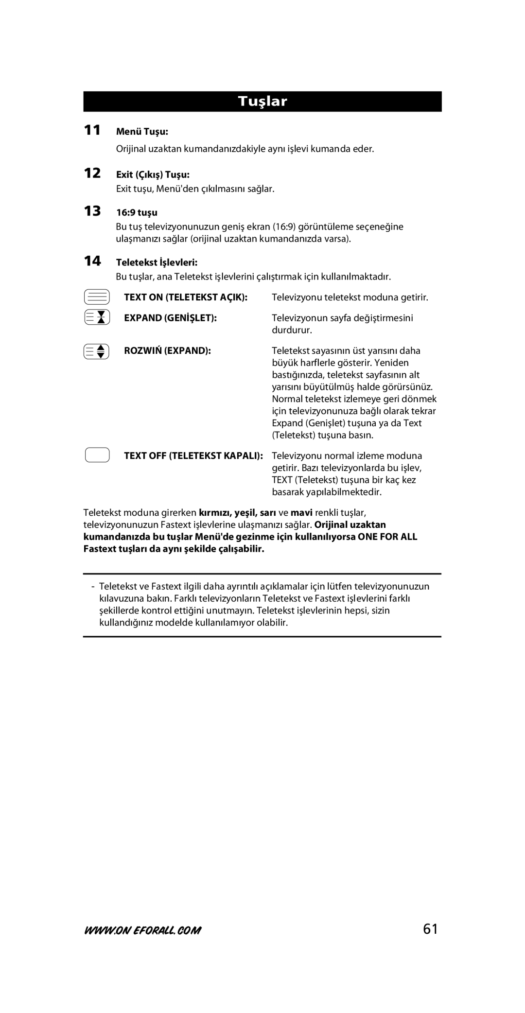 One for All URC-7711 instruction manual Menü Tuşu, Exit Çıkış Tuşu, 13 169 tuşu, Teletekst İşlevleri 