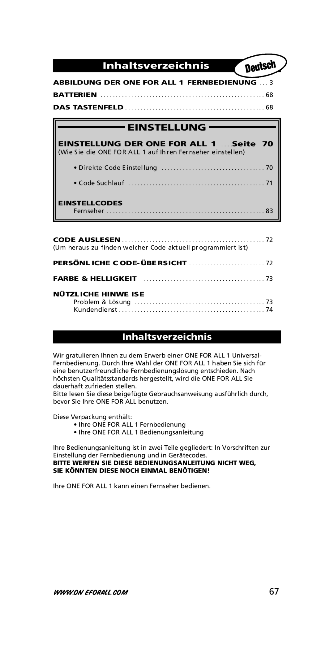 One for All URC-7711 Inhaltsverzeichnis, Einstellung, Abbildung DER ONE for ALL 1 Fernbedienung, Einstellcodes 