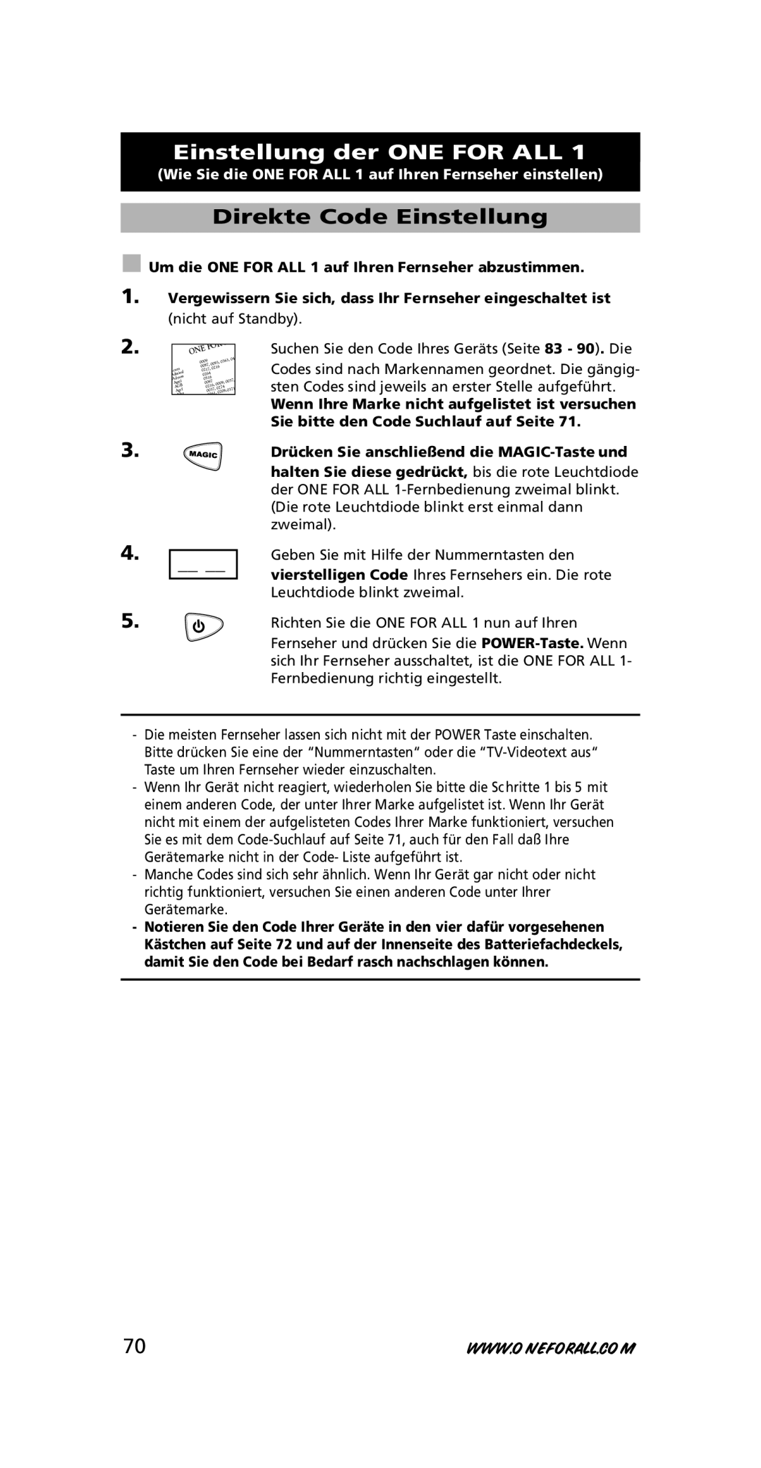 One for All URC-7711 instruction manual Einstellung der ONE for ALL, Direkte Code Einstellung 