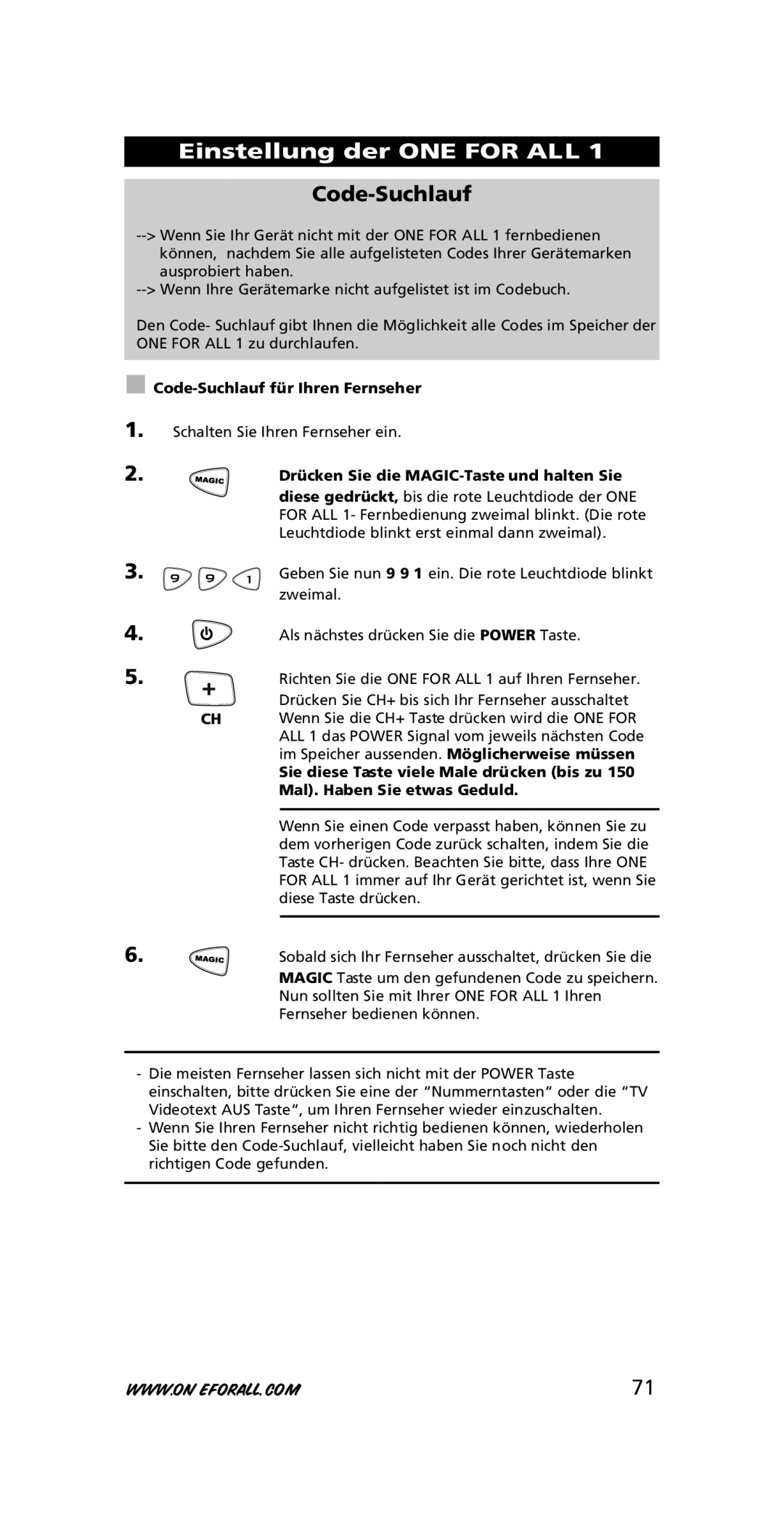 One for All URC-7711 instruction manual Code-Suchlauf für Ihren Fernseher, Drücken Sie die MAGIC-Taste und halten Sie 