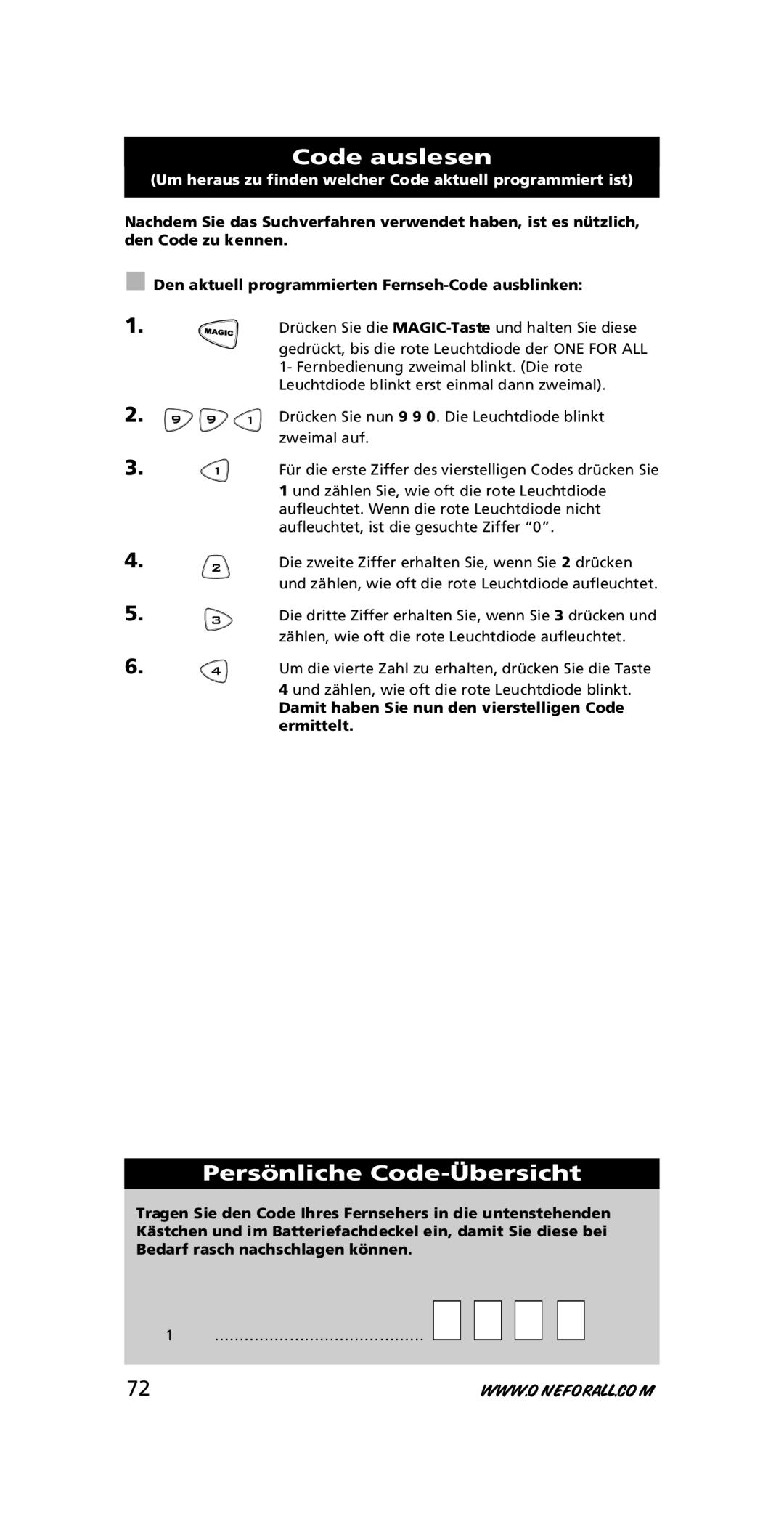 One for All URC-7711 Code auslesen, Persönliche Code-Übersicht, Um heraus zu finden welcher Code aktuell programmiert ist 