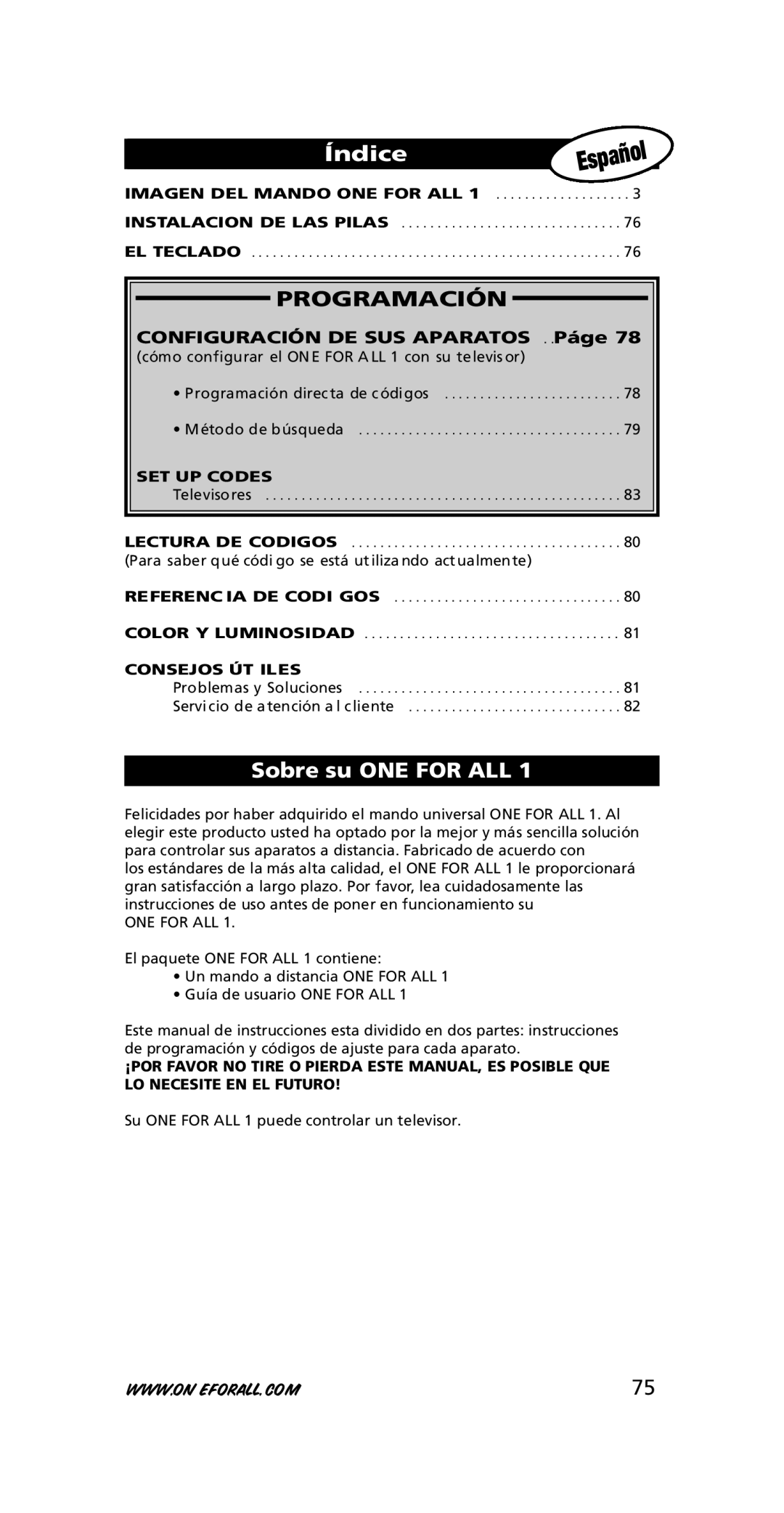 One for All URC-7711 Índice, Programación, Sobre su ONE for ALL, Imagen DEL Mando ONE for ALL, Consejos ÚT Iles 