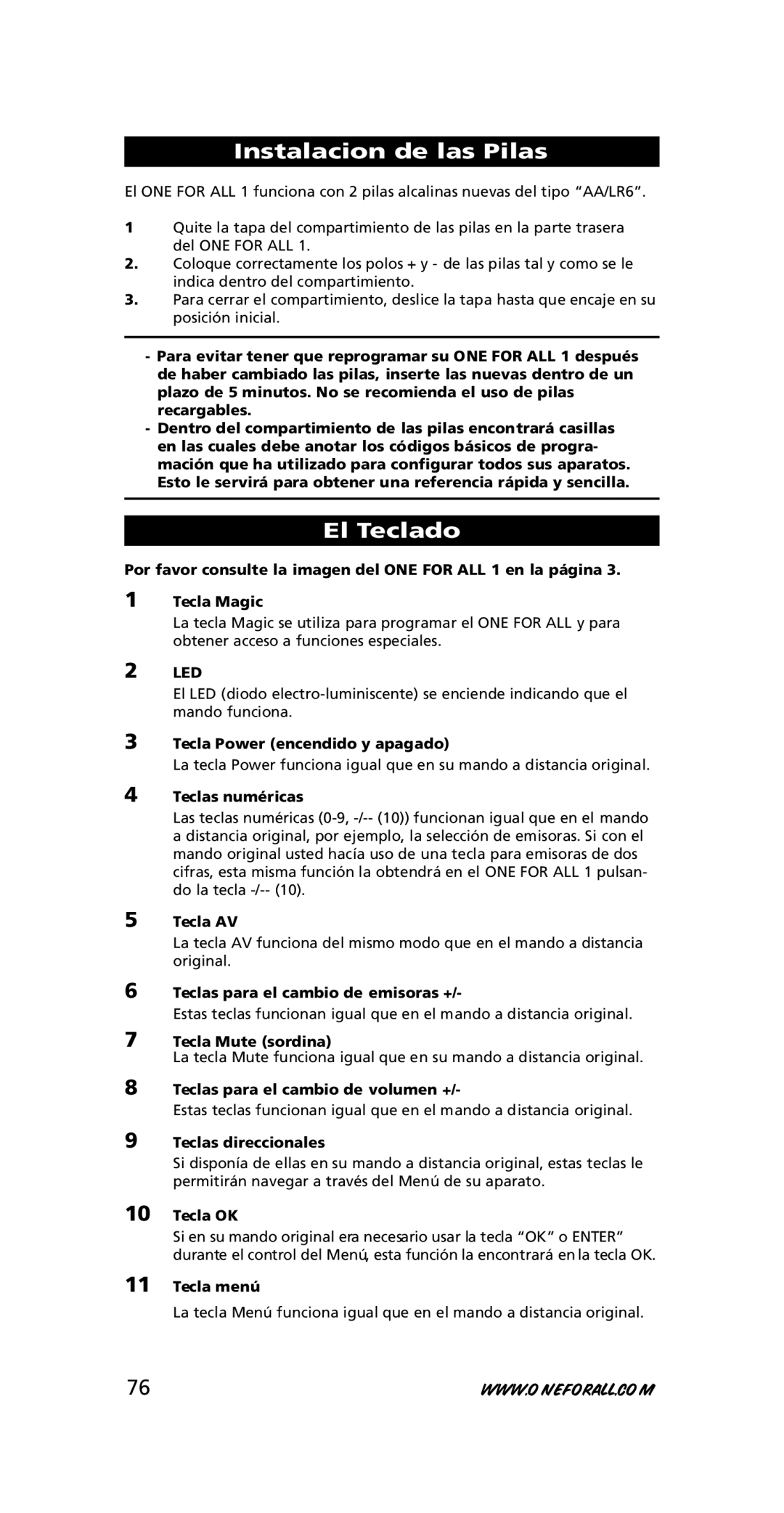 One for All URC-7711 instruction manual Instalacion de las Pilas, El Teclado 