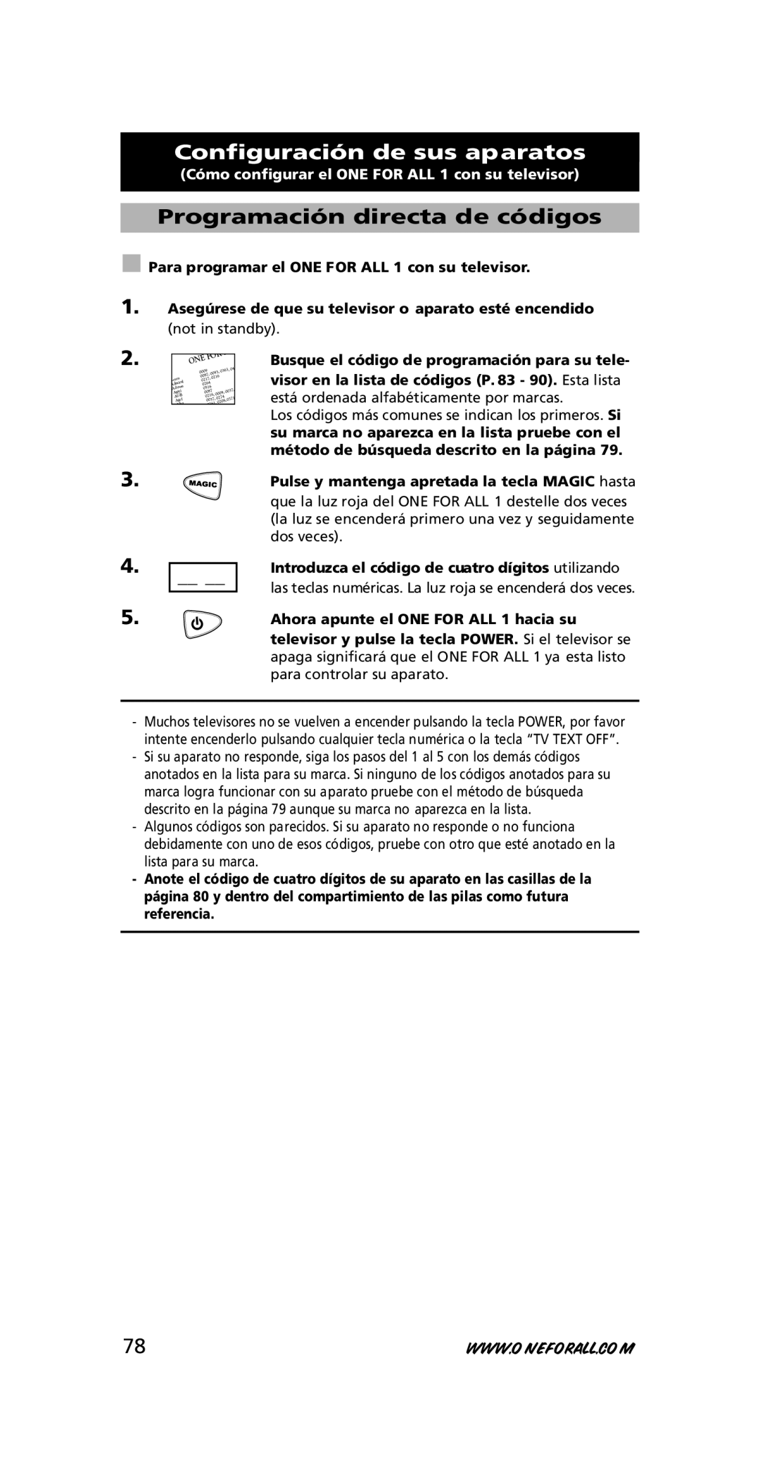 One for All URC-7711 instruction manual Configuración de sus aparatos, Programación directa de códigos 