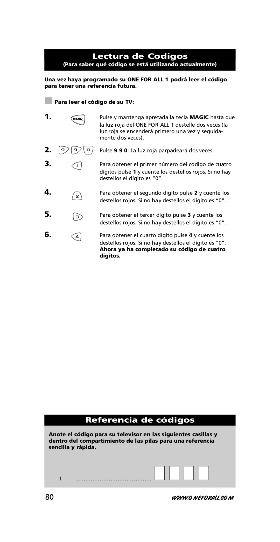 One for All URC-7711 Lectura de Codigos, Referencia de códigos, Para saber qué código se está utilizando actualmente 