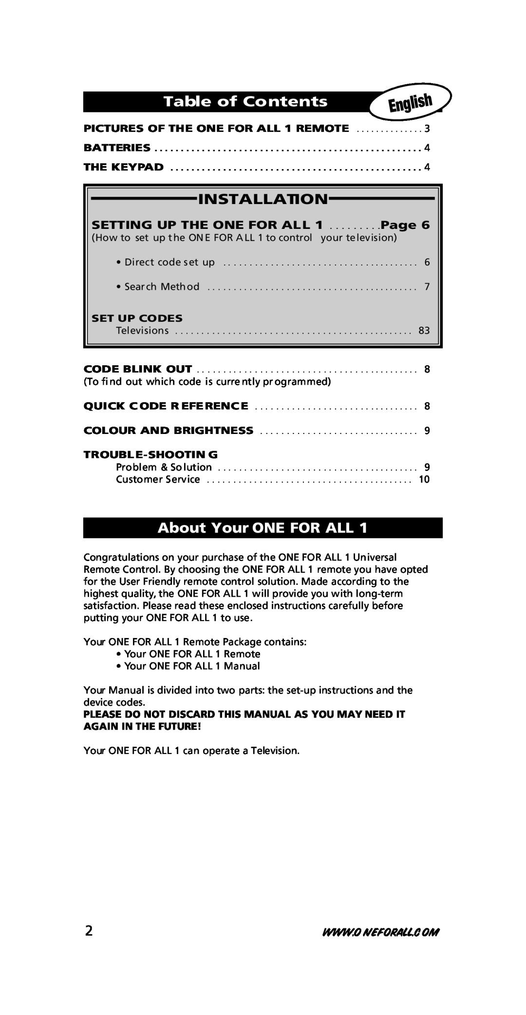 One for All URC-7711 Table of Contents, Installation, About Your ONE FOR ALL, Setting Up The One For All, Page 