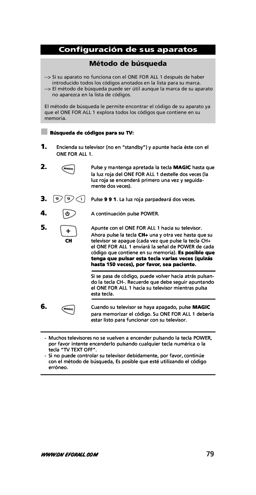 One for All URC-7711 instruction manual Método de búsqueda, Configuración de sus aparatos, Búsqueda de códigos para su TV 