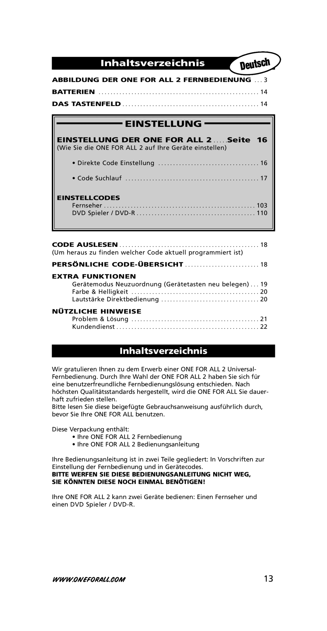 One for All URC-7721 Inhaltsverzeichnis, Abbildung DER ONE for ALL 2 Fernbedienung, Einstellcodes, Extra Funktionen 