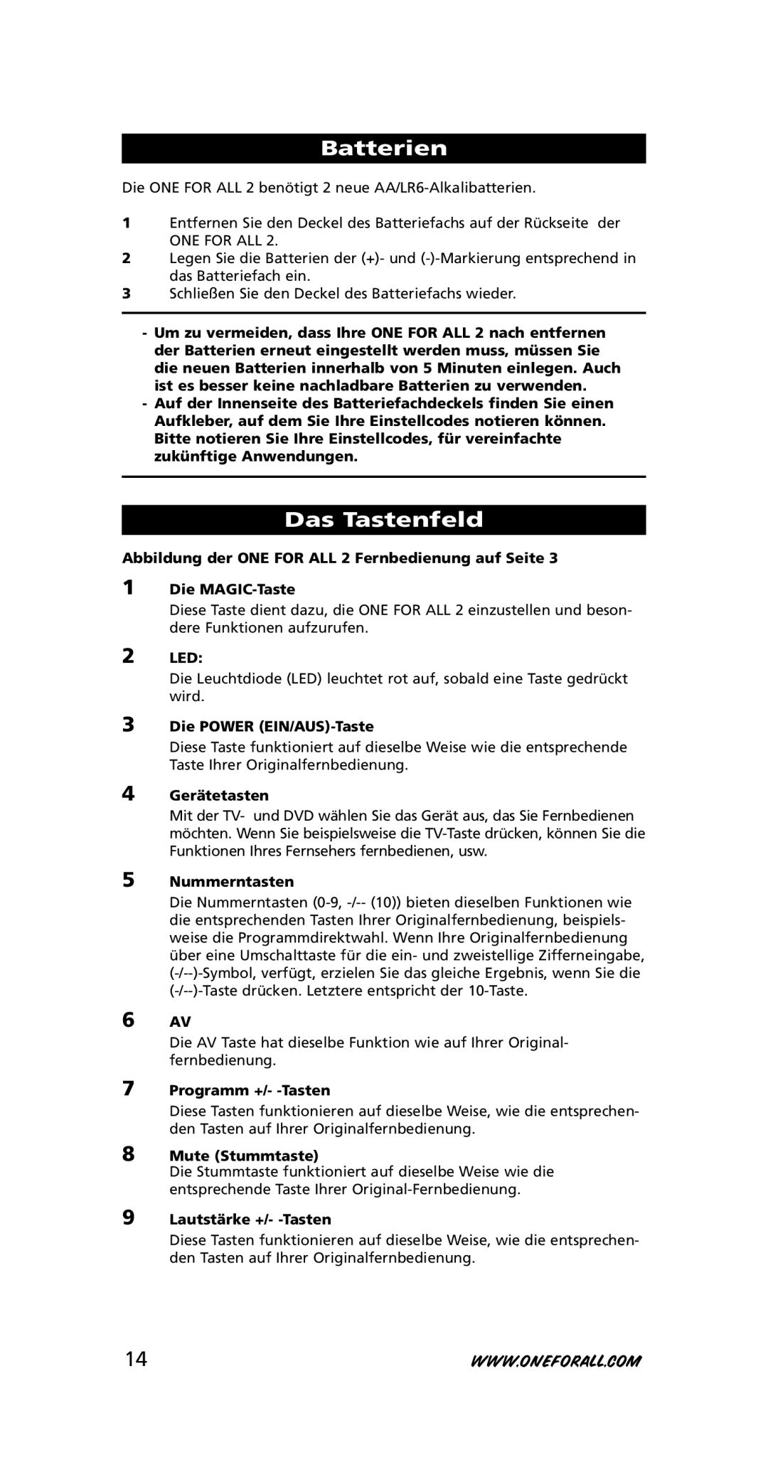 One for All URC-7721 instruction manual Batterien, Das Tastenfeld 